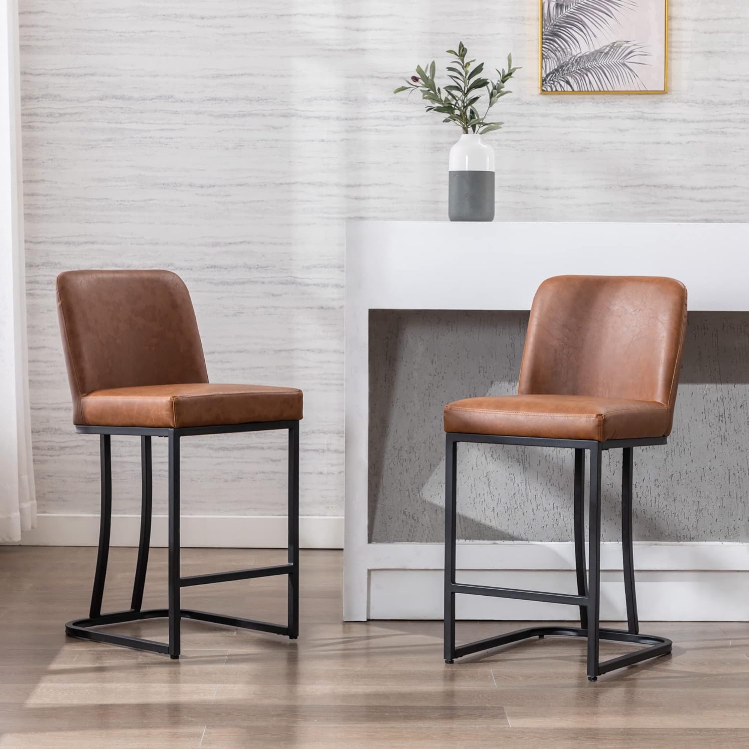 Wahson Set of 2 Faux Leather Upholstered 24" H Counter Height Stools, Classic Modern Fabric Bar Stools for Kitchen Island, with Black Metal Frame, Tan Brown