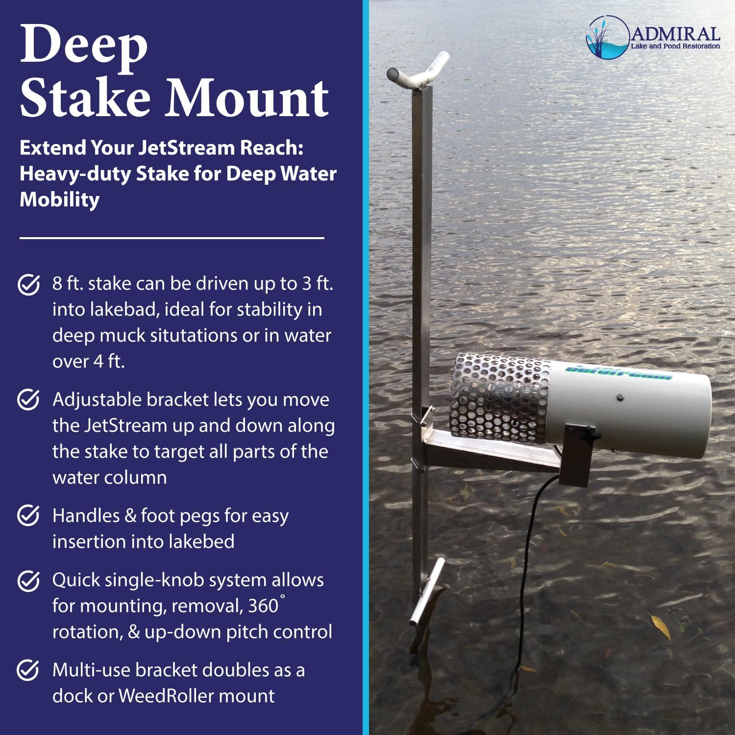 Admiral Lake and Pond JetStream Aqua Blower w/Mobile Stake Mount, 1 HP 110v Motor, 100-150-200 ft. Cord (Deep Stake Mount, 100' Cord)
