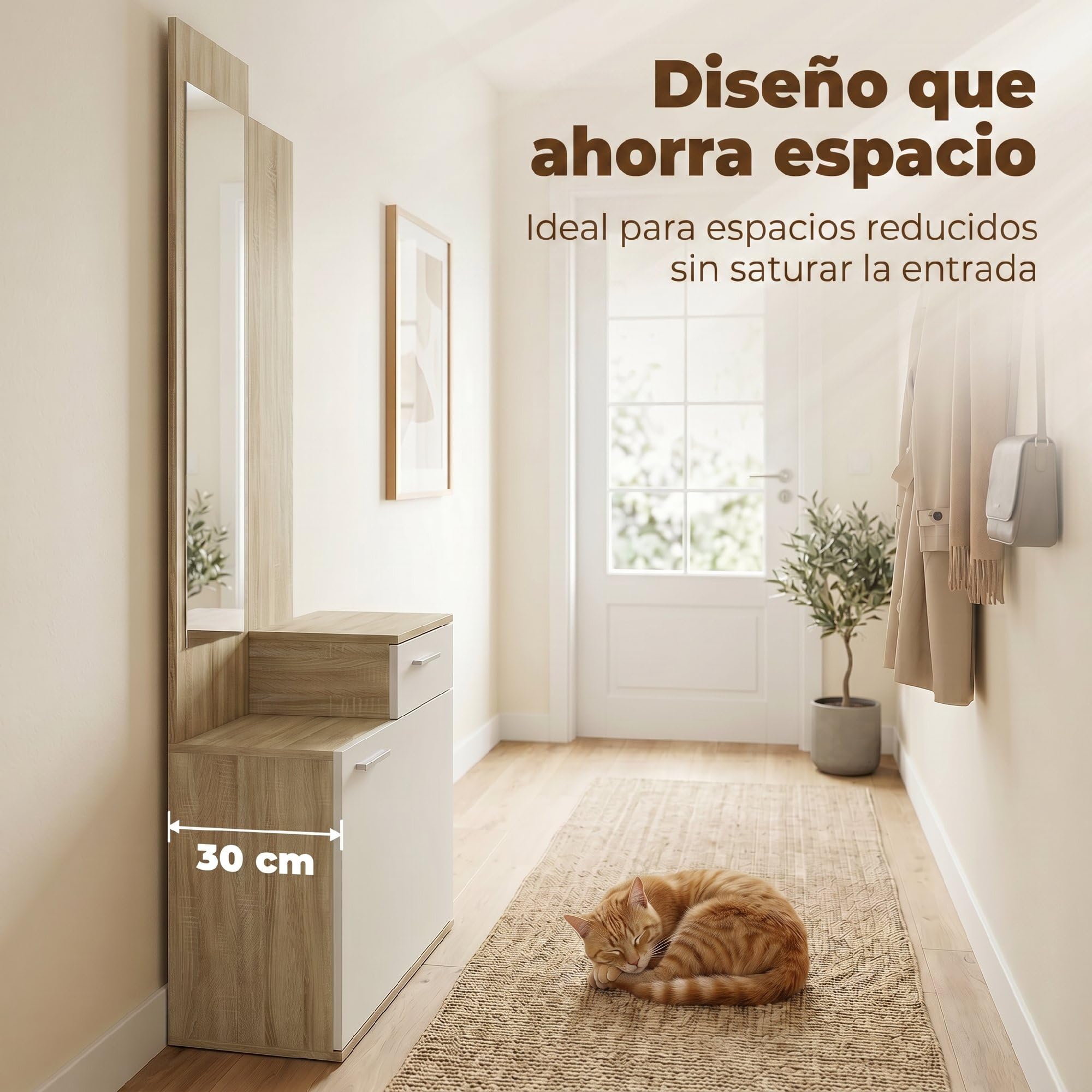 HOMCOM Recibidor de Entrada con Espejo Zapatero Abatible 61x30x170cm Blanco | Mueble Recibidor de 2 Piezas, Asiento, Cajón, Mesa Pequeña para Pasillo