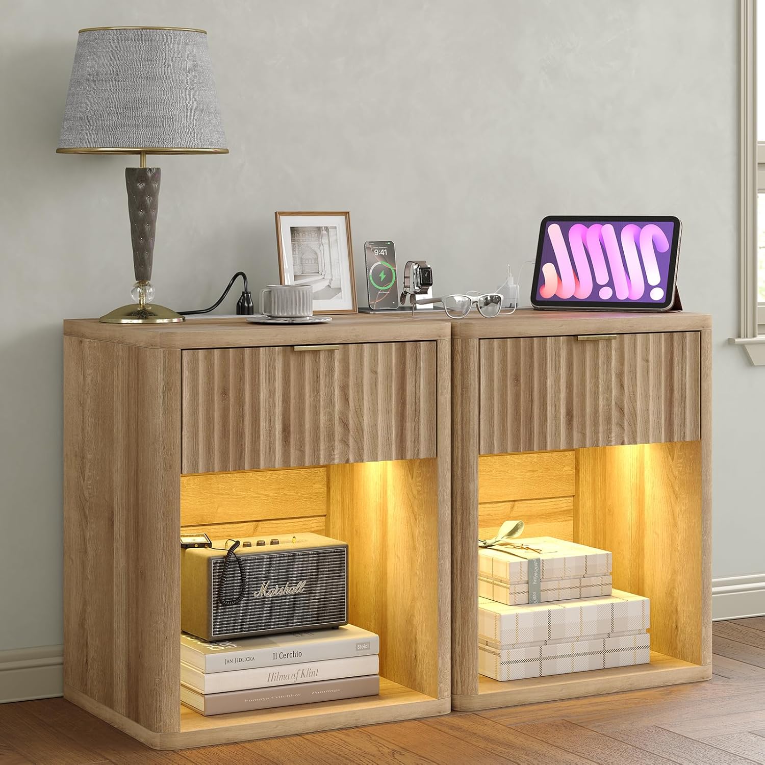 Fluted Night Stand Set of 2 with Charging Station & LED Lights, Modern Bedside Tables with Outlets/USB for Bedroom, Wood Side Tables with Storage Drawer & Open Compartment, Oak