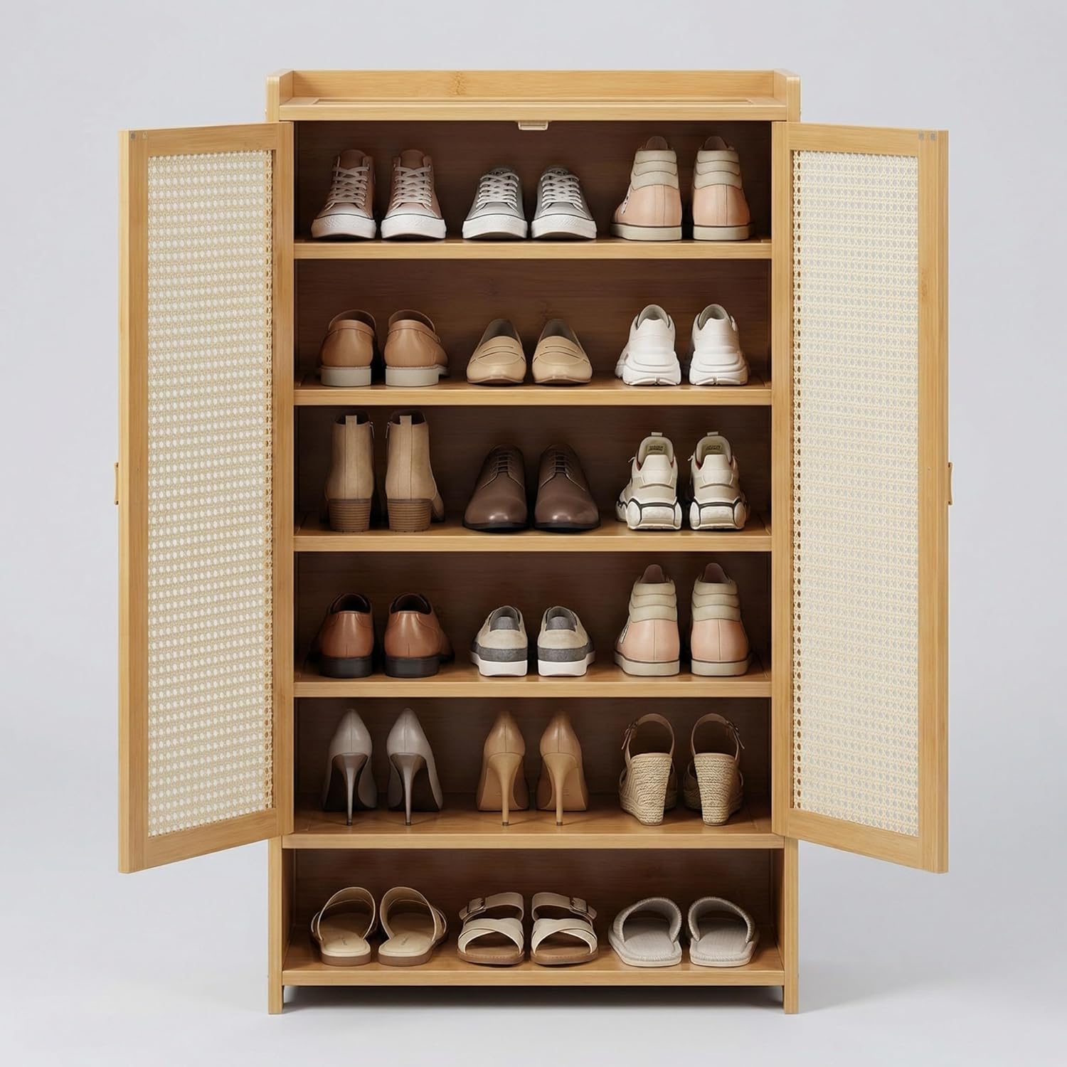 SACSTAR Shoe Storage Cabinet 23.6" L x 12.6" W x 36.6" H Compact Entryway Shoe Rack with 2 Doors & 7 Shelves, Natural Bamboo & Rattan Design Ideal Shoe Organizer for Small Spaces
