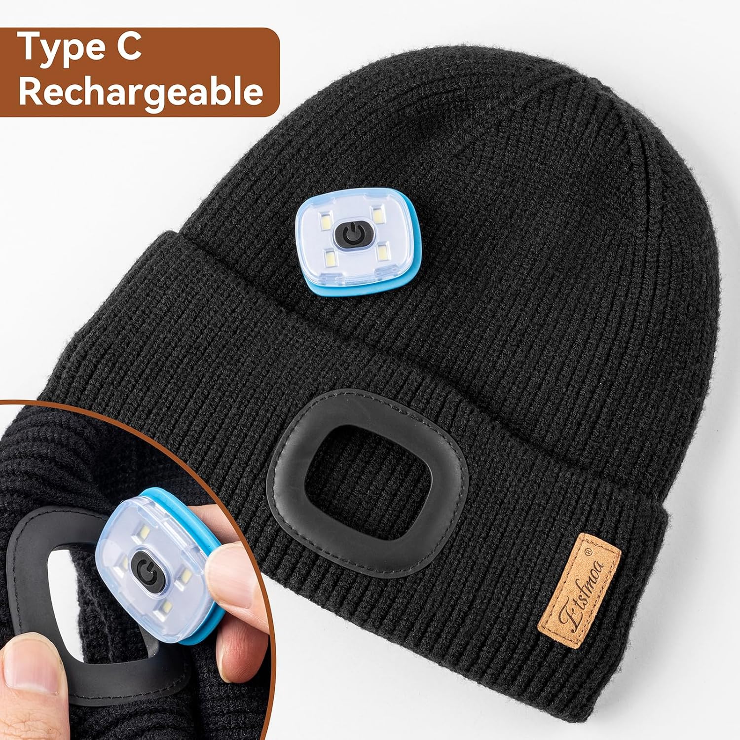 Etsfmoa Hat with Light for Kids,Fleece Lined Knit Beanie for Boys and Girls,Type-c Rechargeable Headlamp LED Cap - Image 4