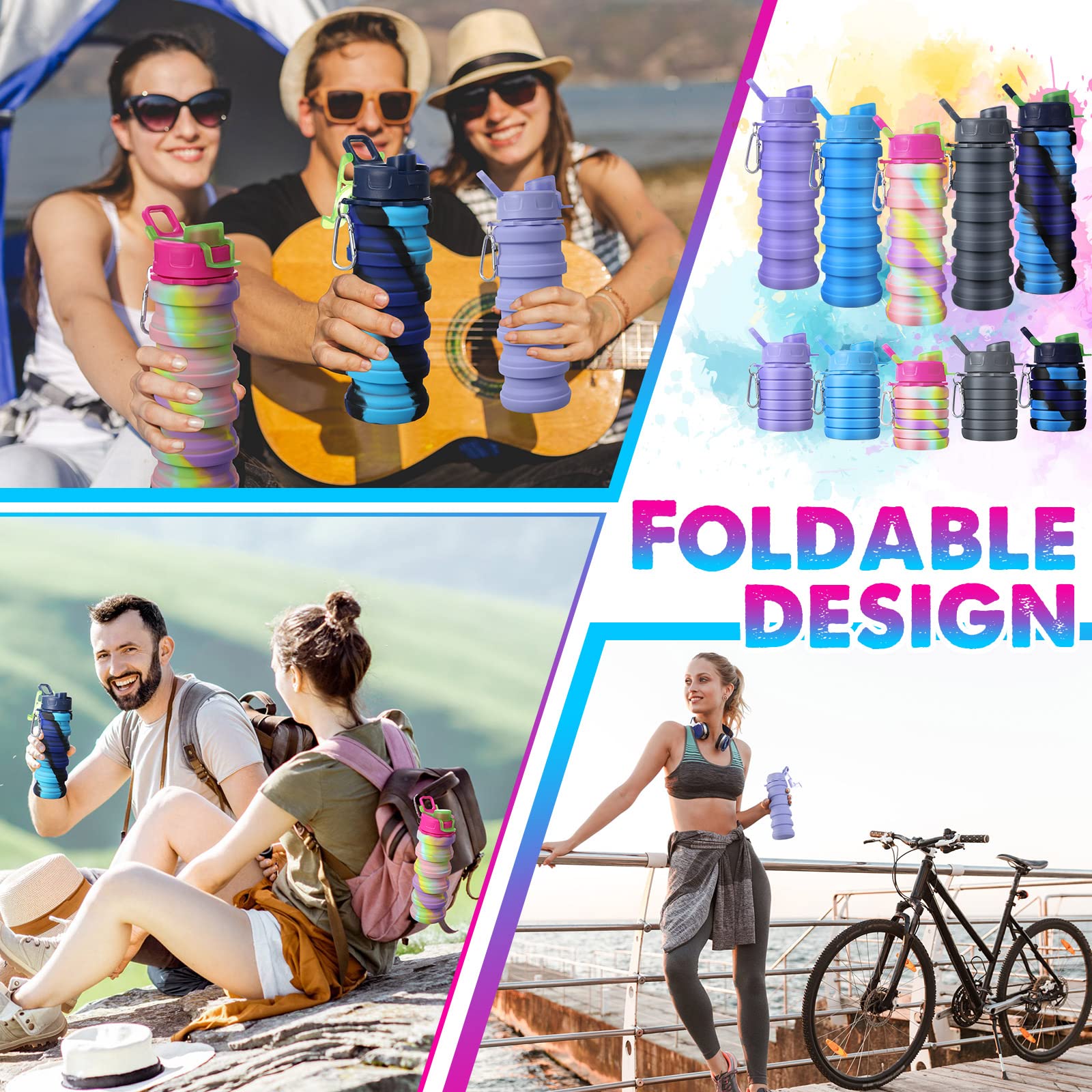 CHENGU Lot de 5 bouteilles d'eau pliables en silicone anti-fuite, réutilisables avec clip en métal pour camping, randonnée, voyage - 473 ml - Colorées