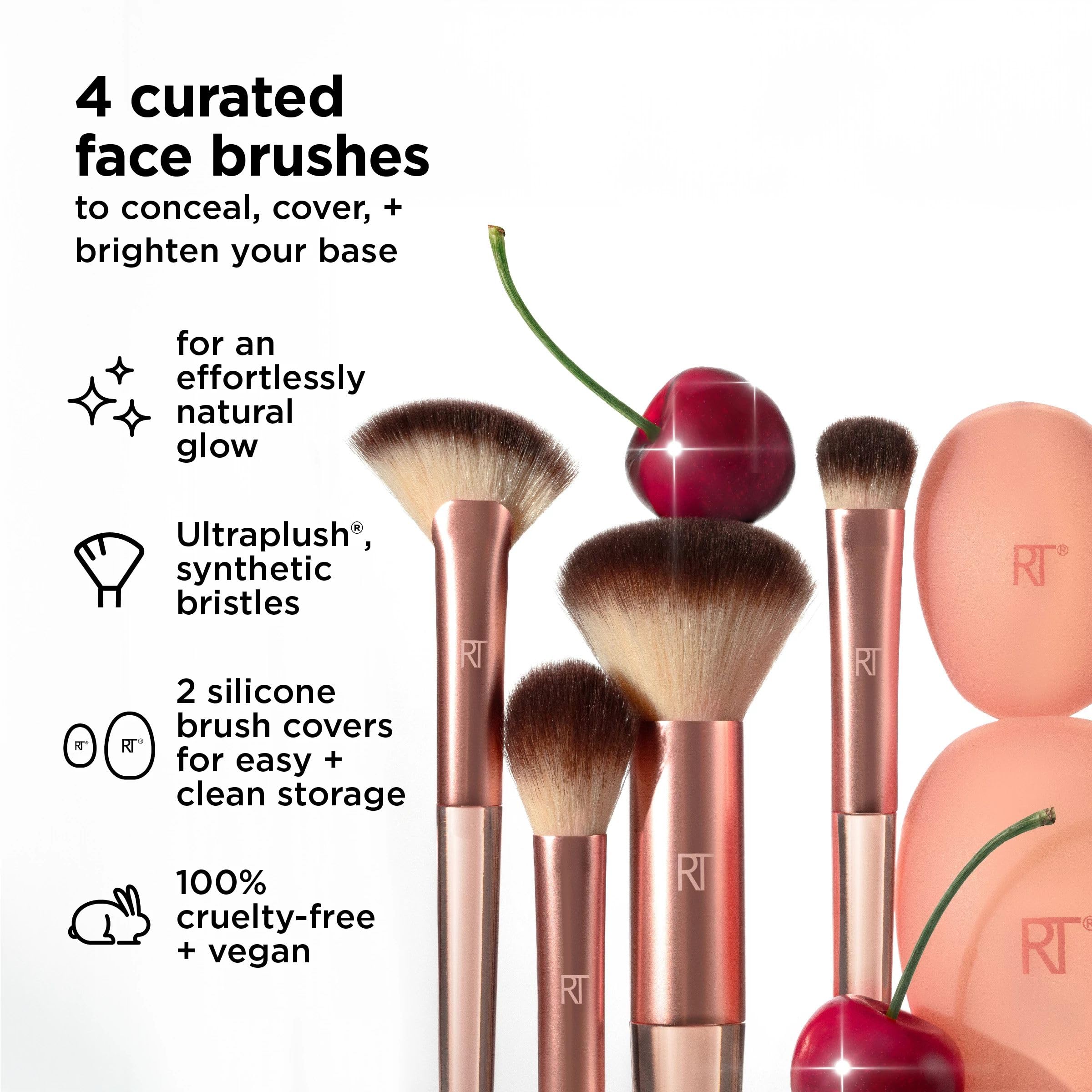 Real Techniques Cherry On Top Lot de 6 pinceaux de maquillage pour le visage et housses de voyage pour fond de teint, anti-cernes, poudre et blush, poils synthétiques, végétalien et sans cruauté