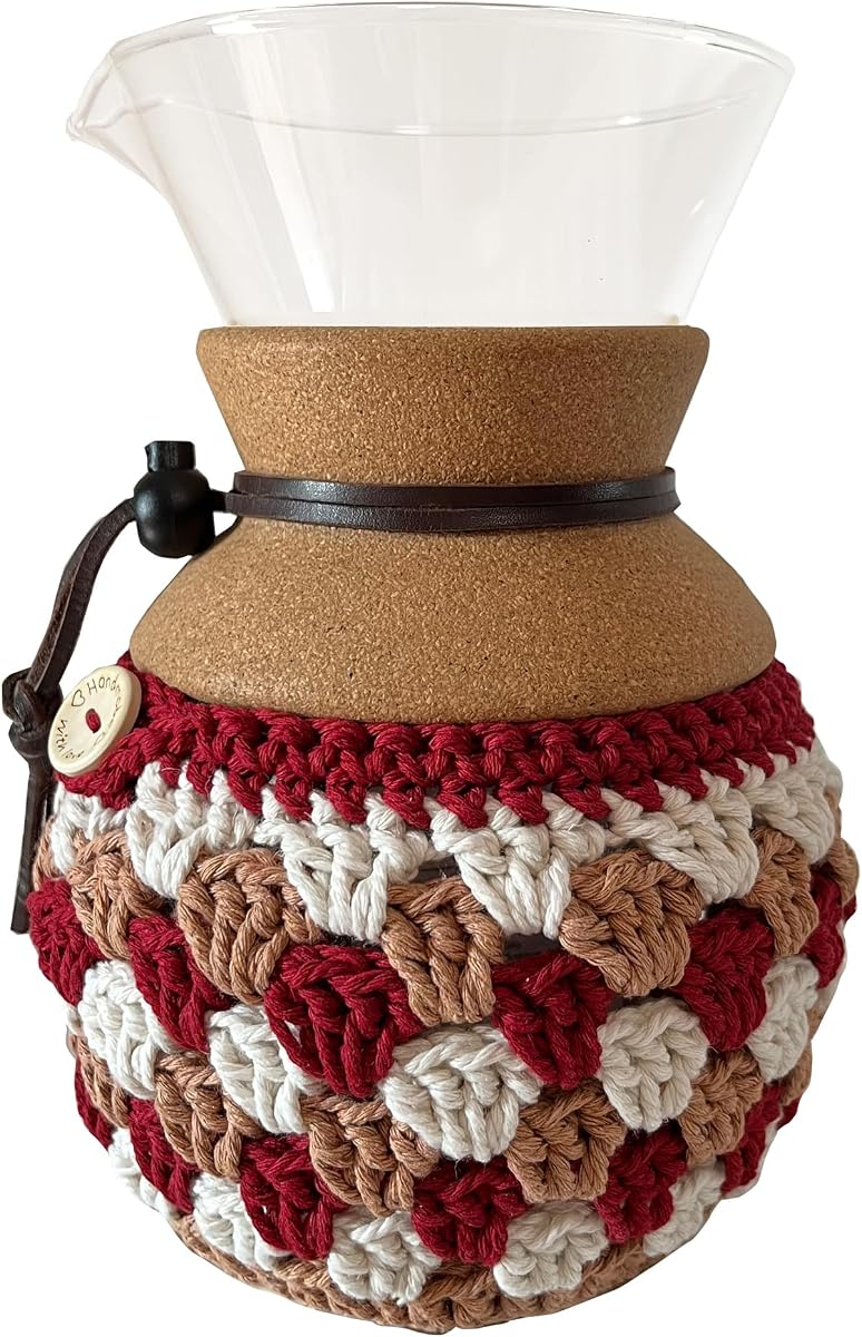 Handmade Crochet Cozy For Bodum 34 Oz Pour Over Coffee Maker Accessory Keep your Coffee Warmer Protect your Pour Over Winter Decor For Coffee Corner(Cozy Only) (vintage red)