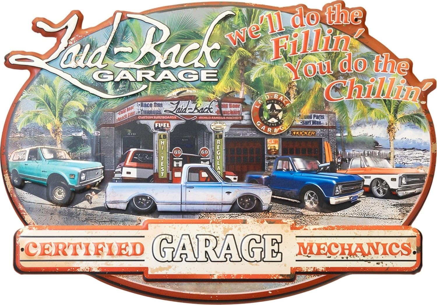 Akizuki Boeki HLHT24091C Antique Embossed Plate (American Miscellaneous Goods) Laid-Back Garage W19.7 x H13.8 inches (W50 x H35 cm)