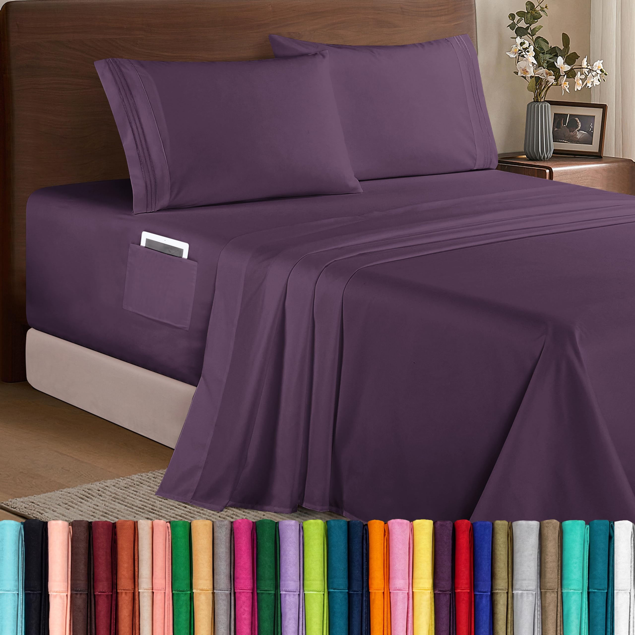 Ultra Soft Luxury Deep Pocket Microfiber Hotel Bed Sheet Set Queen 4pc Purple