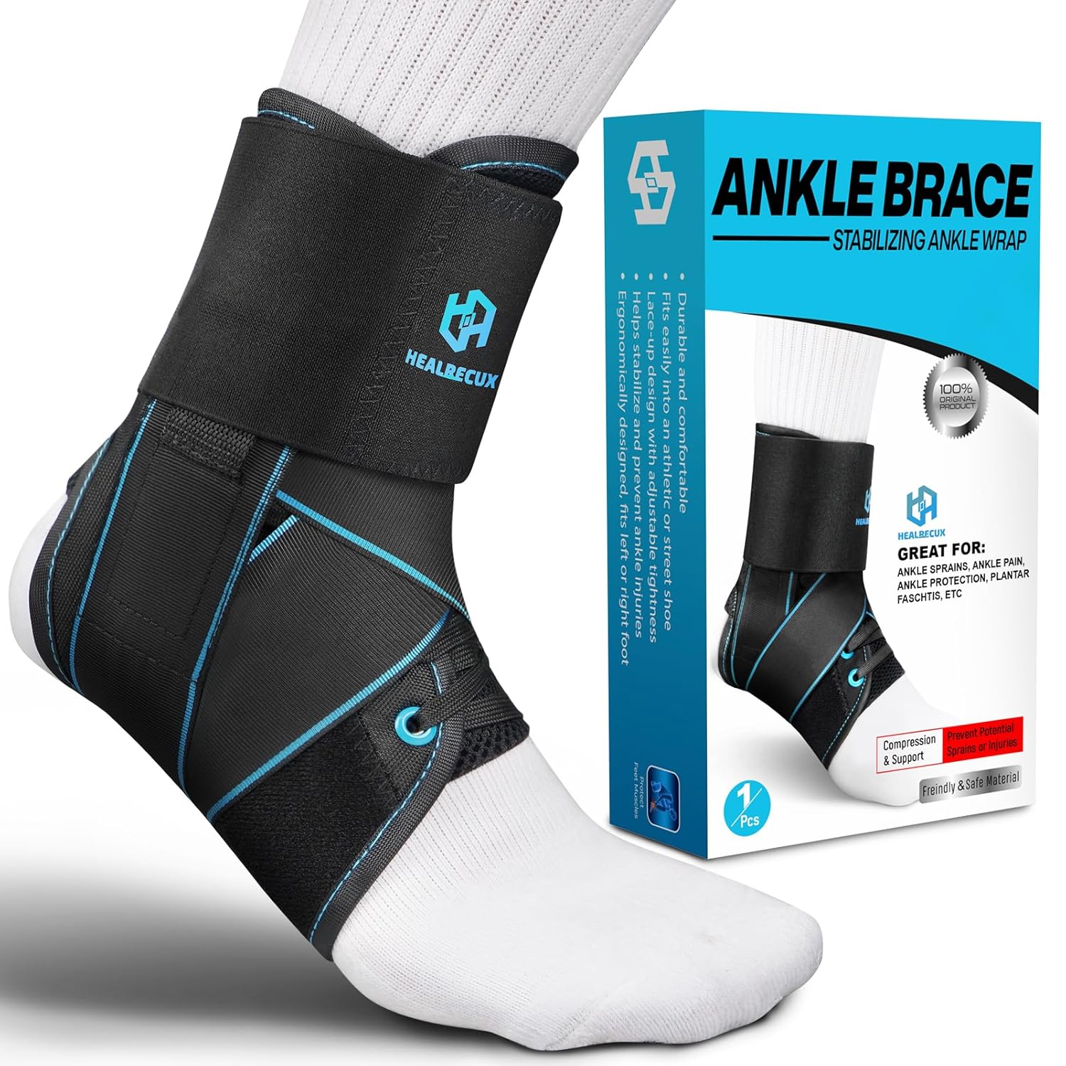 Lace Up Ankle Brace for Women Men, Ankle Support for Sprained Ankle, Plantar Fasciitis Brace Ankles Stabilizer Wrap for Basketball, Volleyball, Sports, Injury Recovery, L Blue Stripes Large