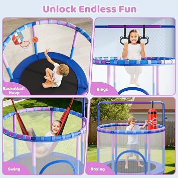 Yohood 55 Trampoline for Kids with Enclosure, 6-in-1 Toddler Trampoline Indoor Outdoor, Upgrade Full Anti-Rust Tube with Adjustable Gymnastics Bars for Boys Girls