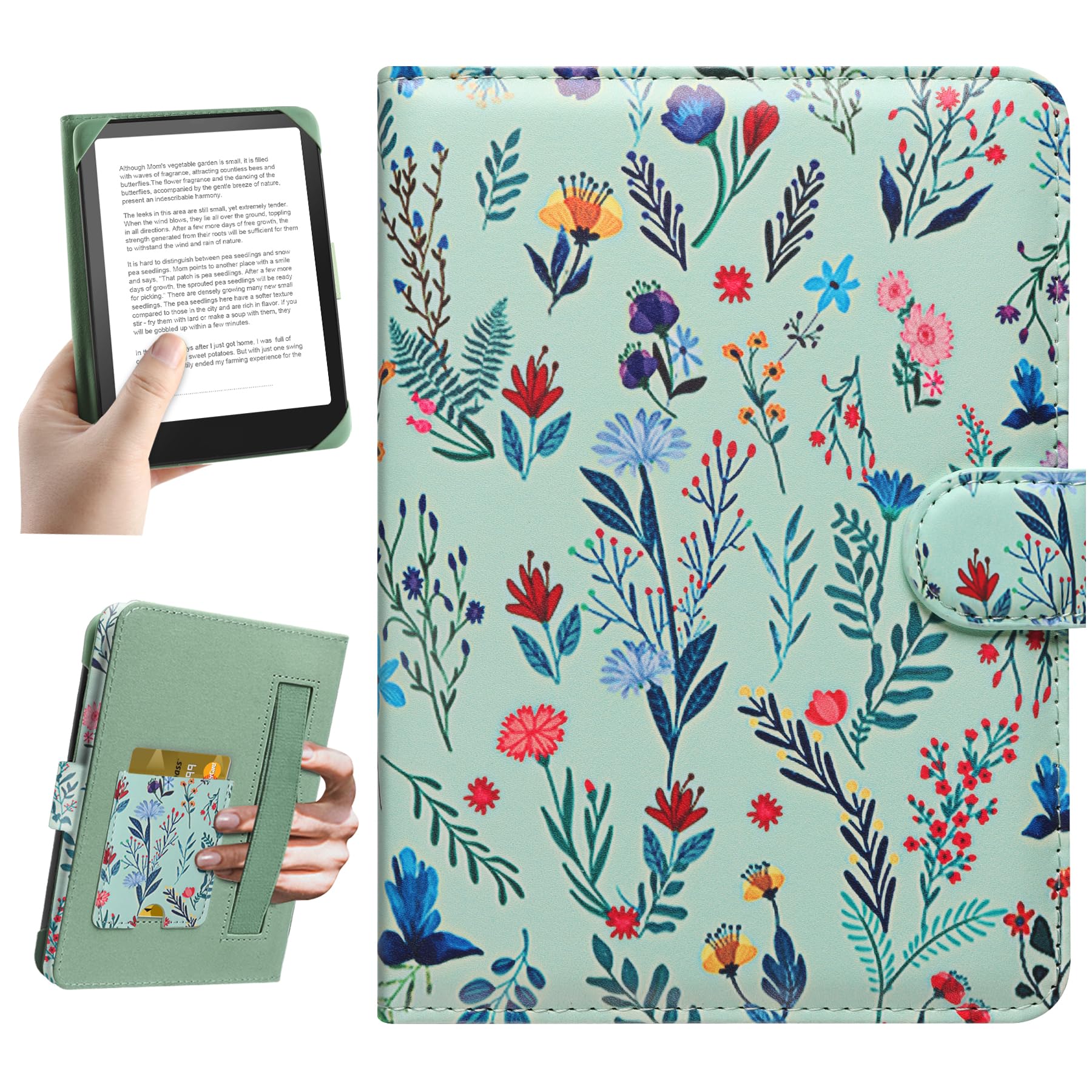 HoYiXi Universel Étui pour 6" Paperwhite /6" Kindle 2025 & 2019 Compatibilité Kobo/Voyaga/Pocketbook/Tolino eReader,Étui de Protection pour eReader 6 Pouce avec Porte-Cartes Intégré,Fleur 1
