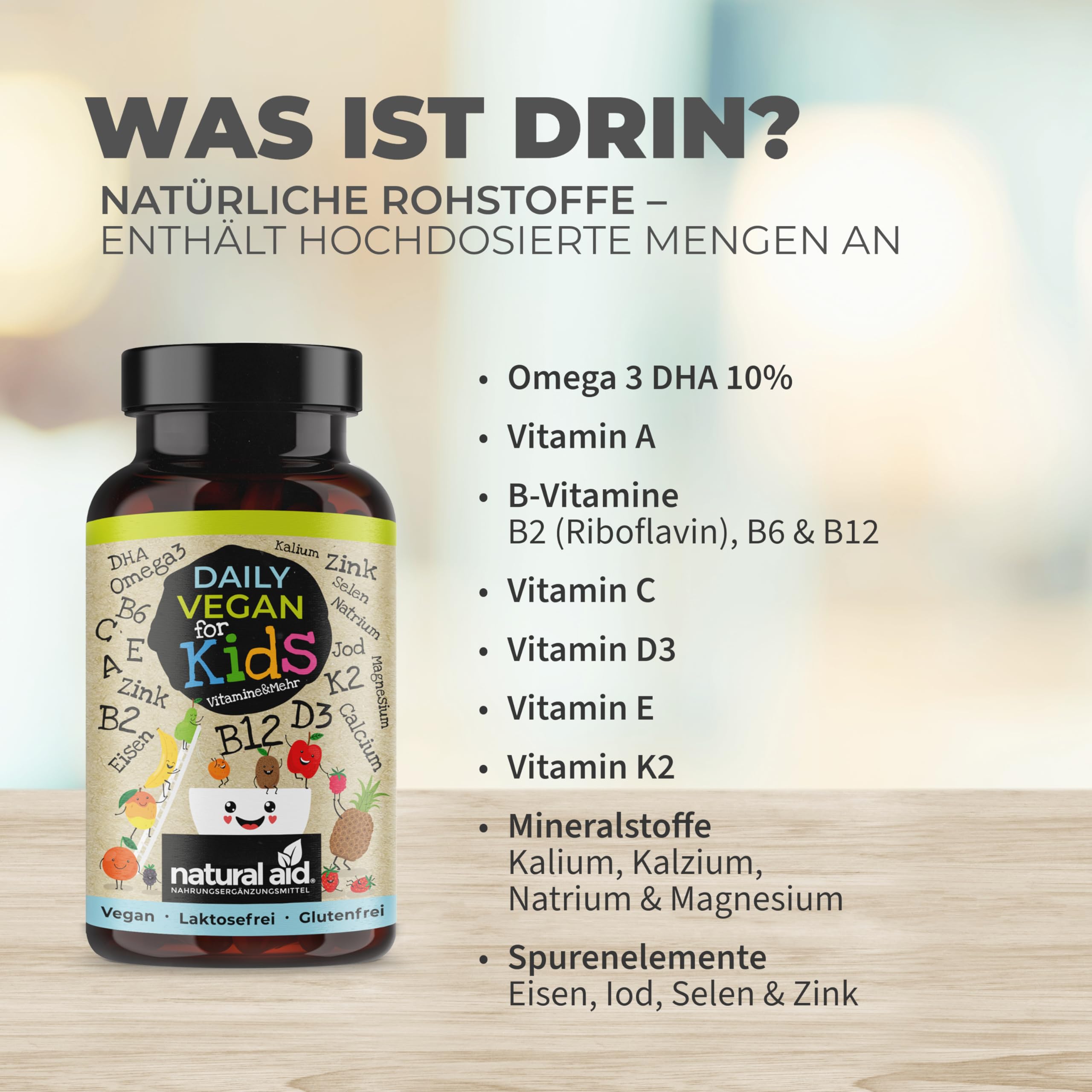 natural aid Daily Vegan For Kids Multivitamin Kinder Komplex - Vitamine & Omega 3 mit Vitamin D3 K2 B12 B6 A C E + Mineralien - Vegan, Ohne Zucker, 120 Kapseln, 4 Monate Vorrat