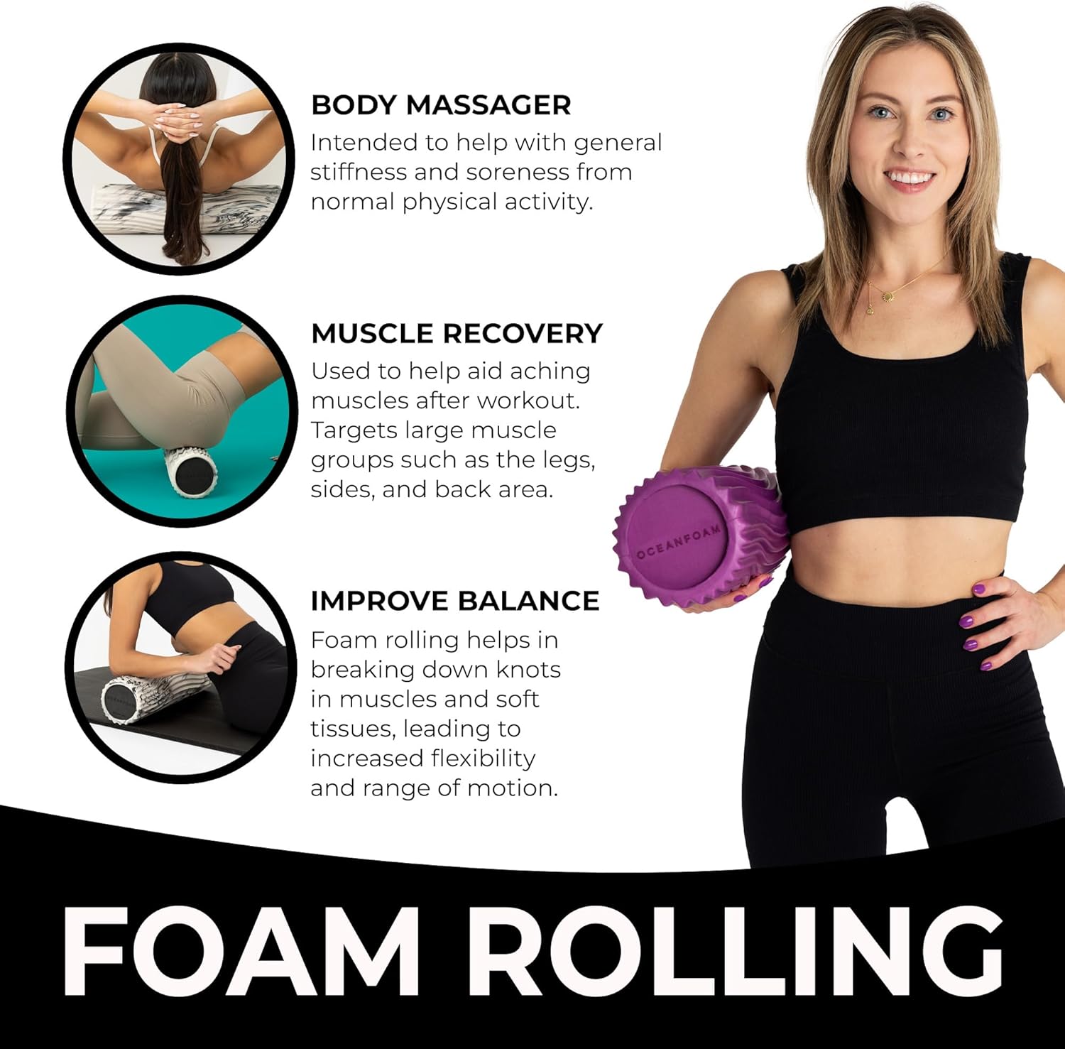 Oceanfoam Tidal Roller - Magenta - Muscle Massage Foam Roller for Back Pain & Stretching - Firm and Ergonomic Wide Wave Textured - Yoga, Athletics, & Wellness - Full Size, 20" x 5" - Image 4
