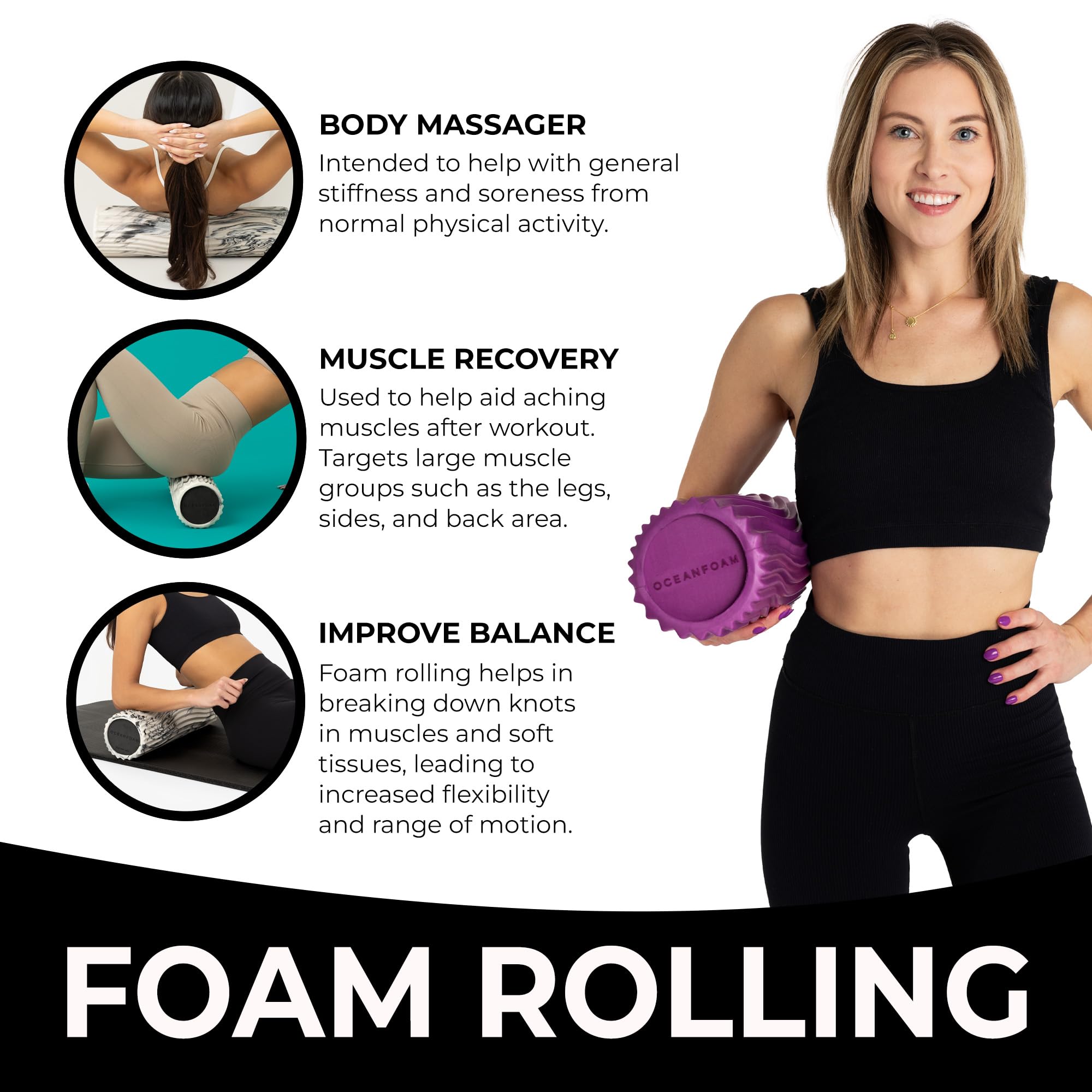 Oceanfoam Magenta Tidal Roller - Rodillo ergonómico de espuma para masaje muscular miofascial de espalda con textura de onda ancha - Yoga, atletismo, rigidez corporal, estiramiento, ejercicios de