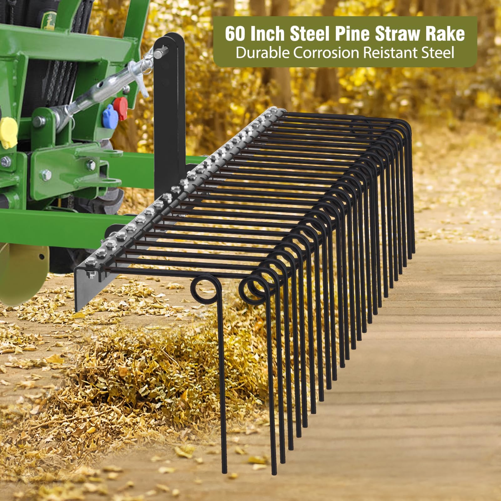 Garvee Râteau Professionnel à Paille De Pin 60 Pouces (152cm) pour Tracteur Cat0/Cat1, 26 Dents à Ressort Robustes en Acier Revêtu, Attelage 3 Points, pour Feuilles Et Gazon