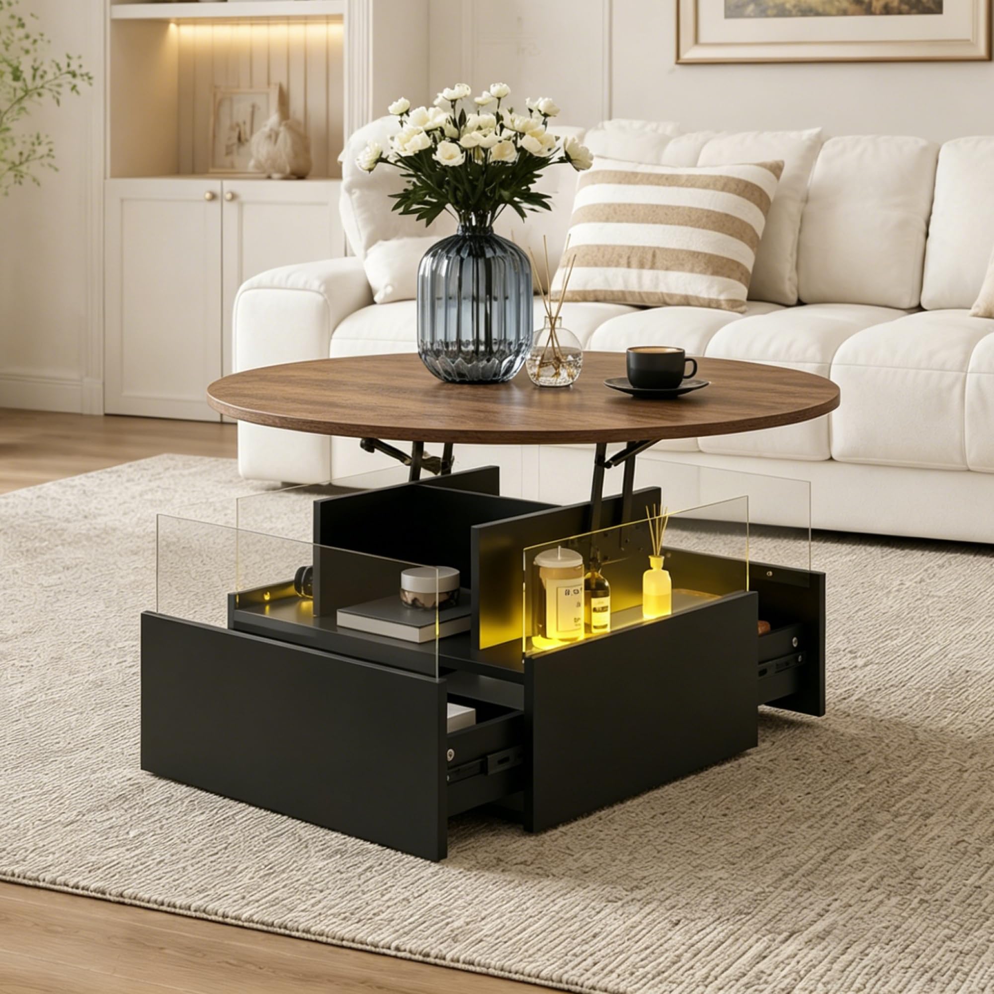Couchtisch rund höhenverstellbarer Wohnzimmertisch LED Schwarz+Braun