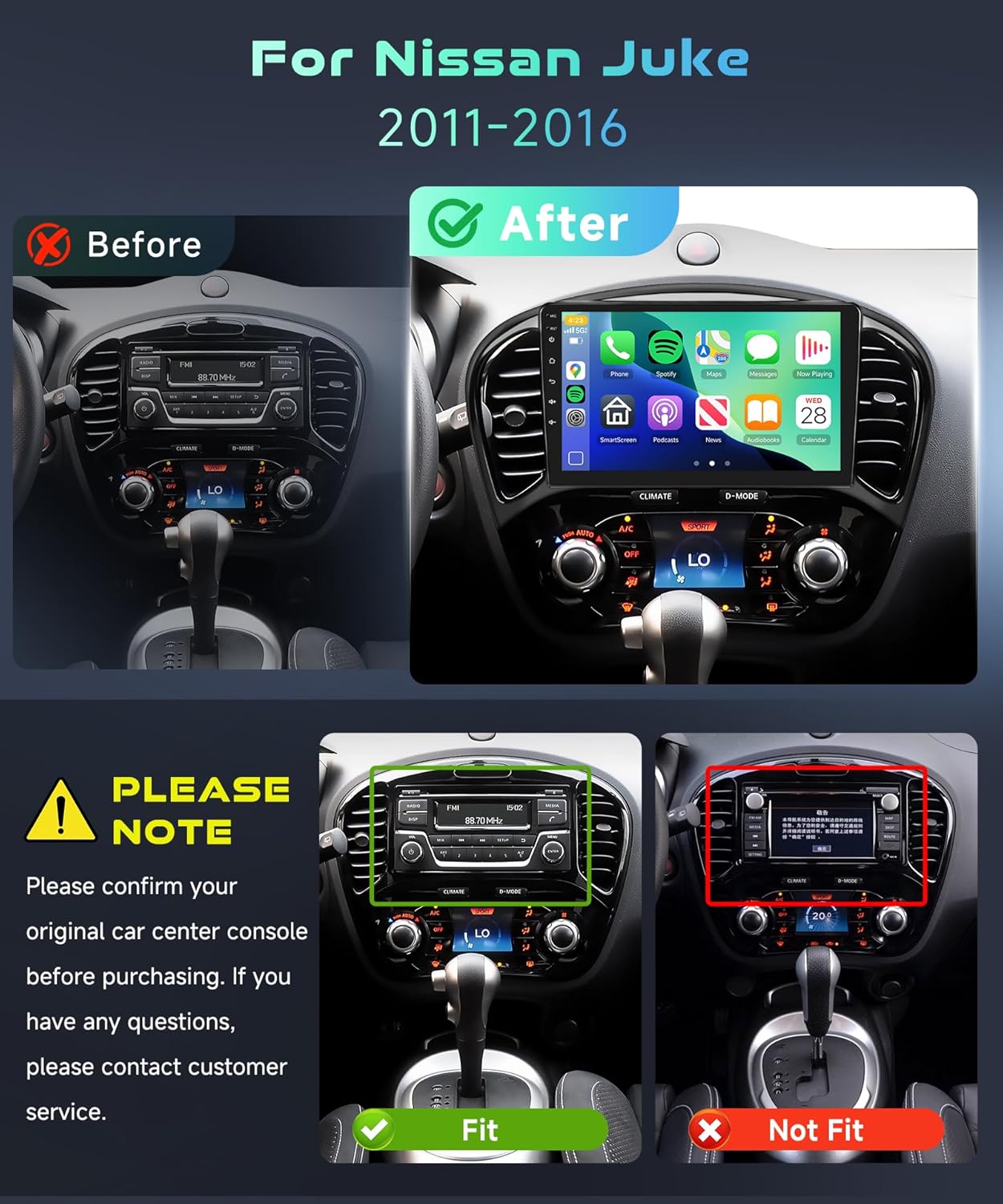 Snapdragon 8 Core 4GB+64GB for Nissan Juke 2011-2016 Car Stereo with Android 15 Radio 9 Inch 1280 * 720 IPS Touchscreen Carplay/Android Auto GPS WiFi FM/RDS SWC Camera