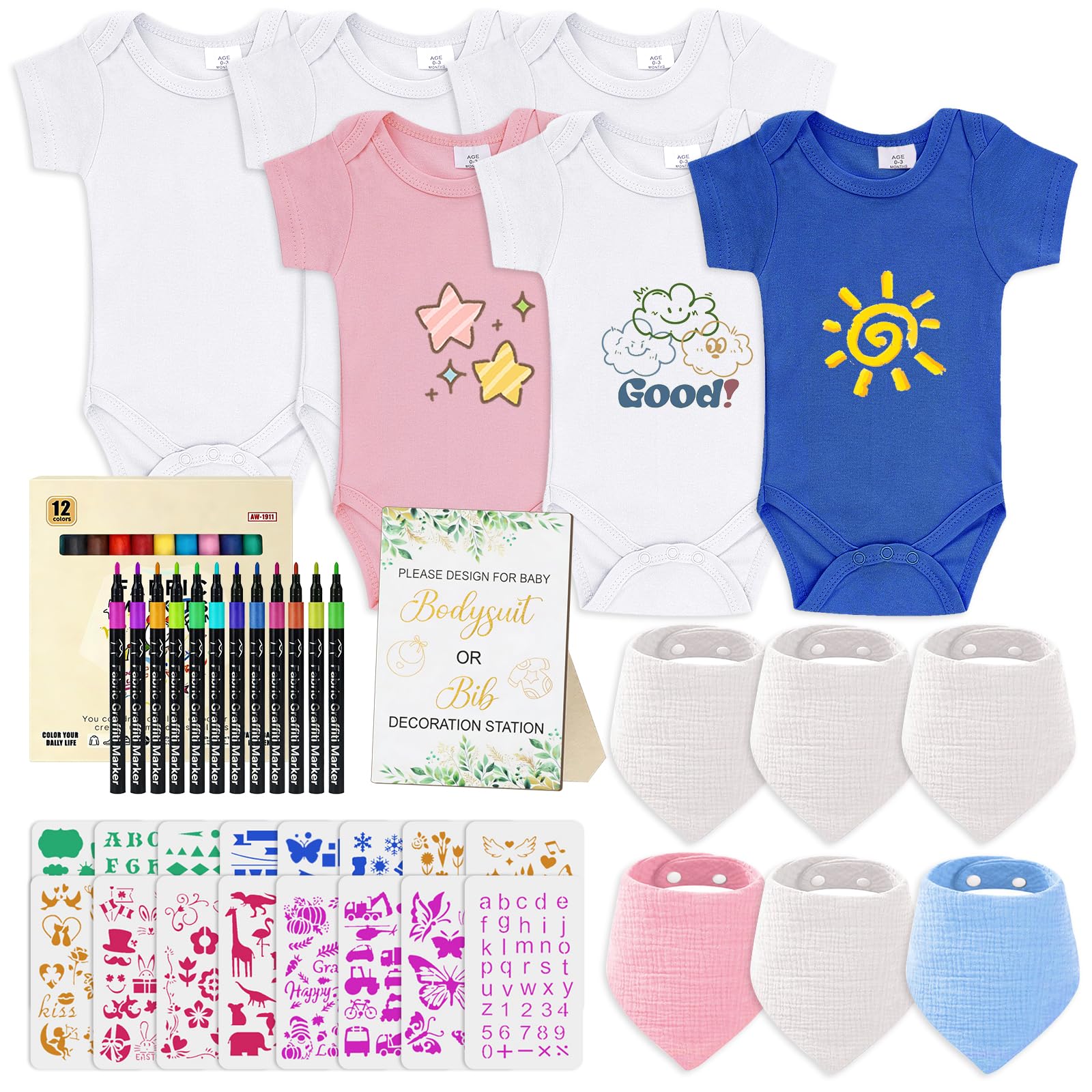 Baby Lätzchen zum Bemalen babyparty deko 12 Stück,6x Babybody aus Baumwolle,6x musselin tücher baby,12 Farbigem Textilstift 15 Tiere Malvorlagen,Gender Reveal Geschenk für Babyparty spiele baby shower