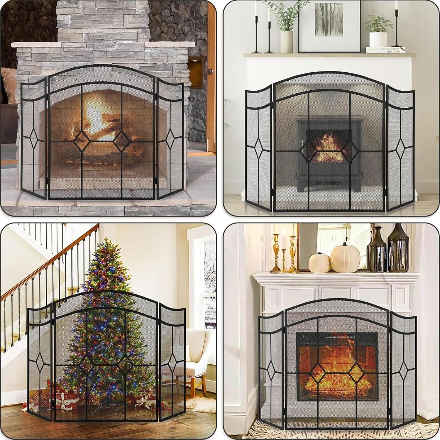 JKGHK 3-Panel Fireplace Screens Arched Diamond, Foldable Fire Spark Guard Cover with Metal Decorative Mesh, Heavy Duty Spark Guard for Home Decor Indoor, Black