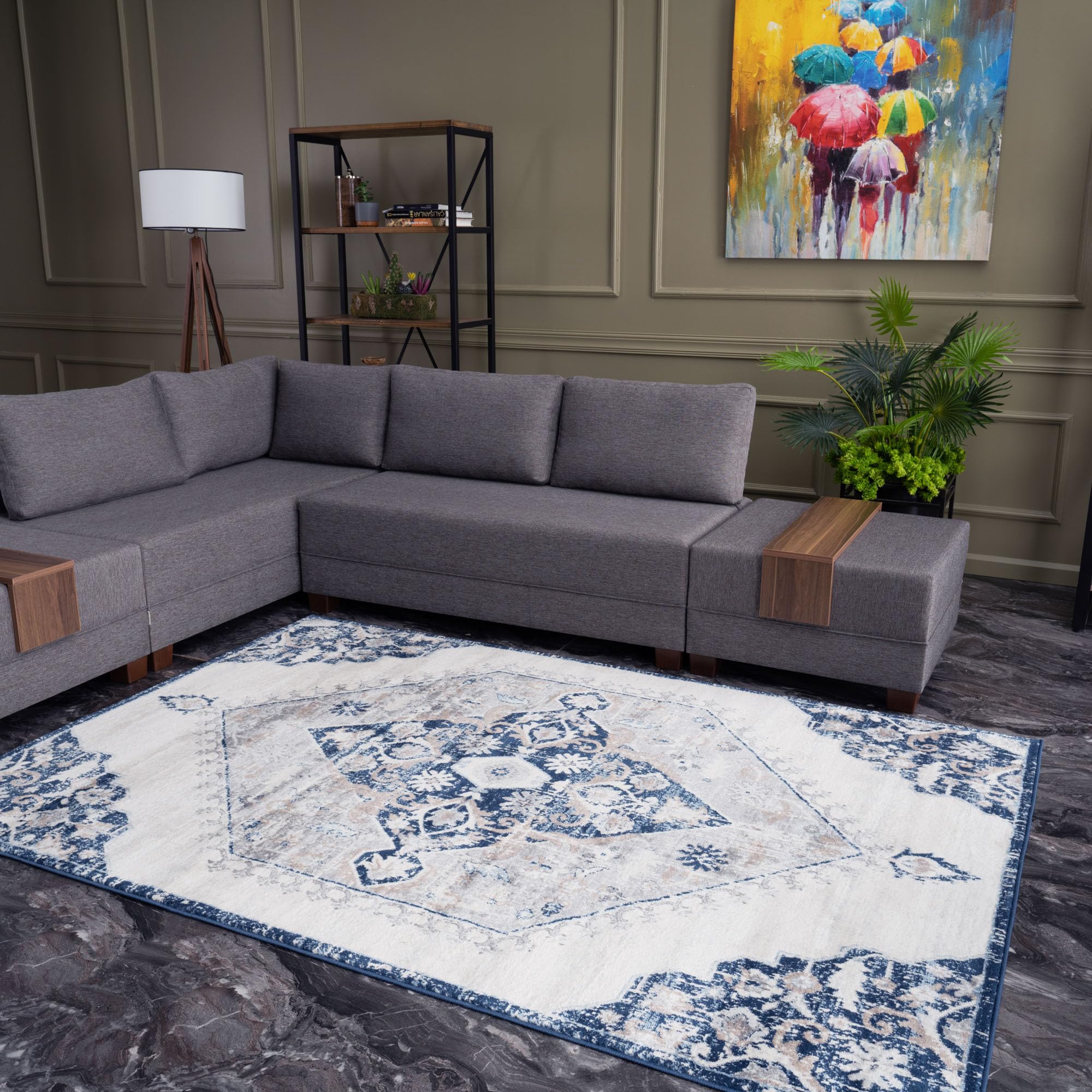 THE RUGS Montana Rug - Modern & Vintage Low Pile Area Rugs Living room, Bedroom, Kitchen, Soft Low Pile, Pet-Friendly, Easy to Clean [Navy Vintage Design, 240x340 cm]