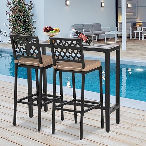 Miniatura 8 de ONLYCTR Sillas y mesa de bar para exteriores, juego de bar de metal para exteriores, juego de mesa de bar de 3 piezas con taburetes de bar y cojines