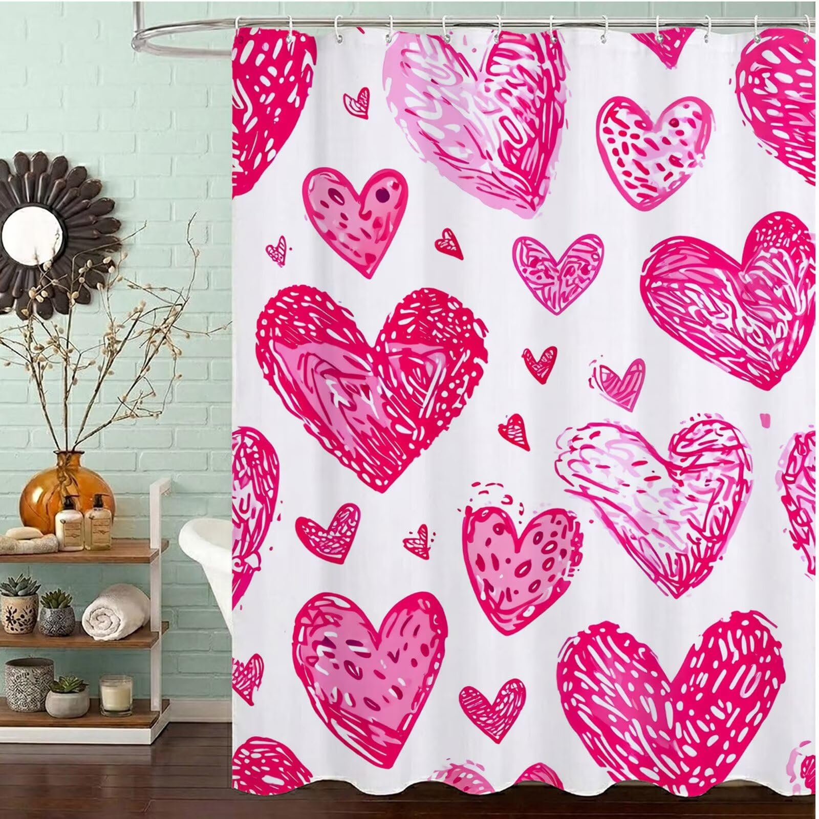 Rideau de Douche Anti Moisissure et Imperméable, Polyester Shower Curtain Rose Lavable avec Ourlet Inférieur Lesté, Rideaux Douche Amour avec Œillets Antirouille et 12 Crochets, 180x240 cm J8-151