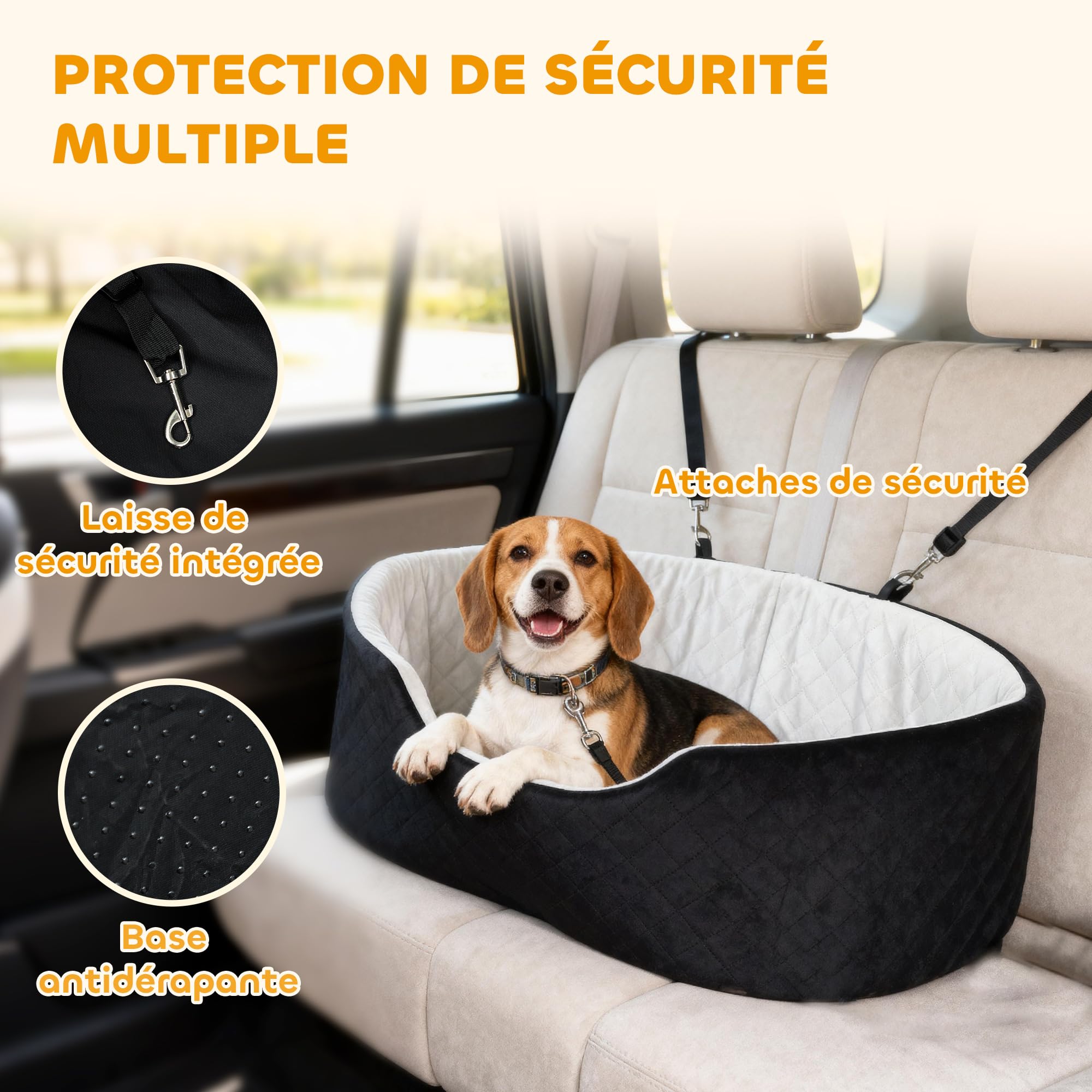 PawHut Siège Auto pour Chien avec Ceinture de sécurité et Fixation, siège de Voiture pour Chiens rembourré Confortable Portable jusqu'à 15kg, Panier Voiture pour Animal Coussin Amovible, Noir