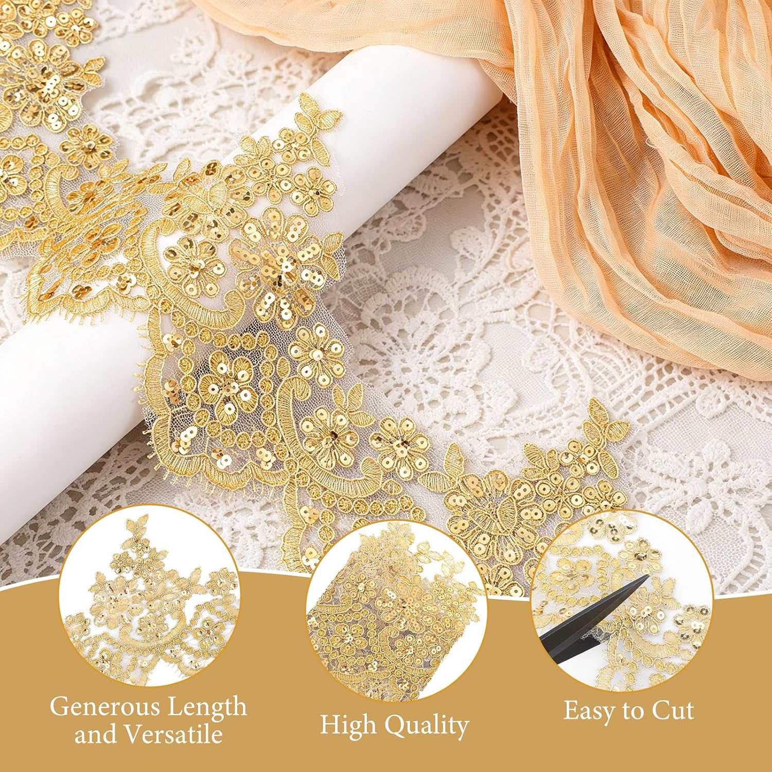 3 Yards 5.3 Inch Gold Lace Trim, Gold Applique for Sewing, Sequin Flower Embroidery Lace Ribbon for DIY Crafts and Decorations