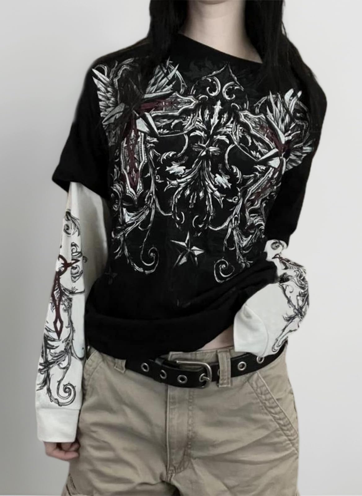 Womens Y2K Long Sleeve Tops Gothic Graphic Tight Fitted Fairy Grunge Clothes Vintage Tees Shirts for Teens Girls