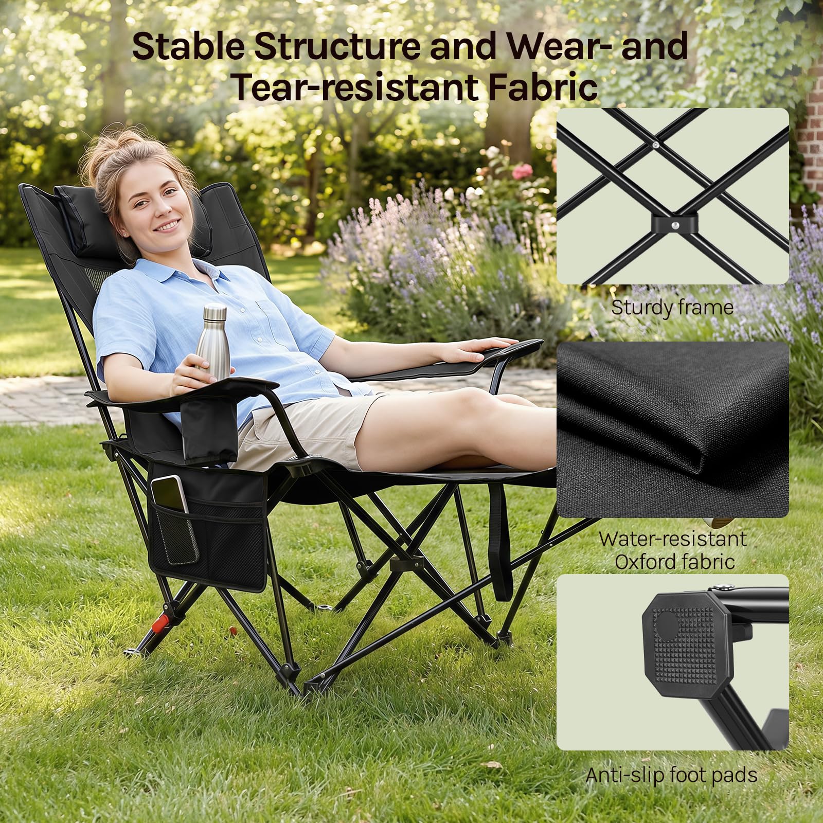 WOLTU Set di 2 Sedie Pieghevoli, Sdraio da Giardino, Regolabili in 3 Posizioni, Supporta 150 kg, con Portabicchieri, Tasca Laterale, Poggiapiedi, per Campeggio, Pesca, Spiaggia, Nero