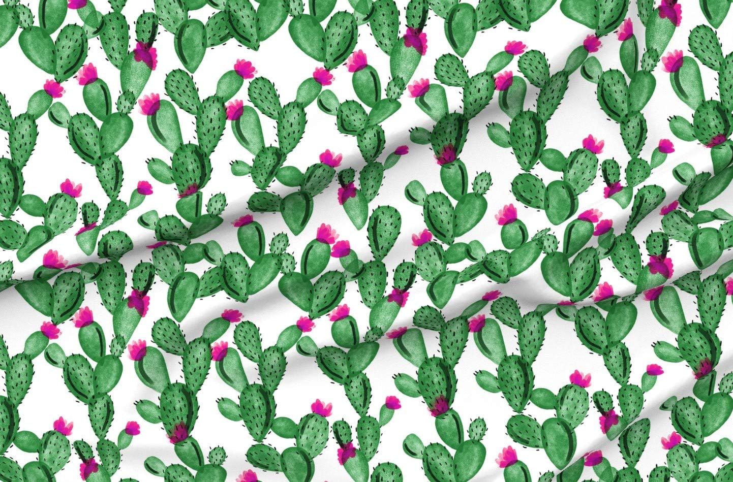 Spoonflower Fabric - Emerald Paddle Cactus Rose Green Cacti Watercolor Desert Printed on Organic Cotton Sateen Fabric by The Yard - Sewing Quilting Apparel Home Decor