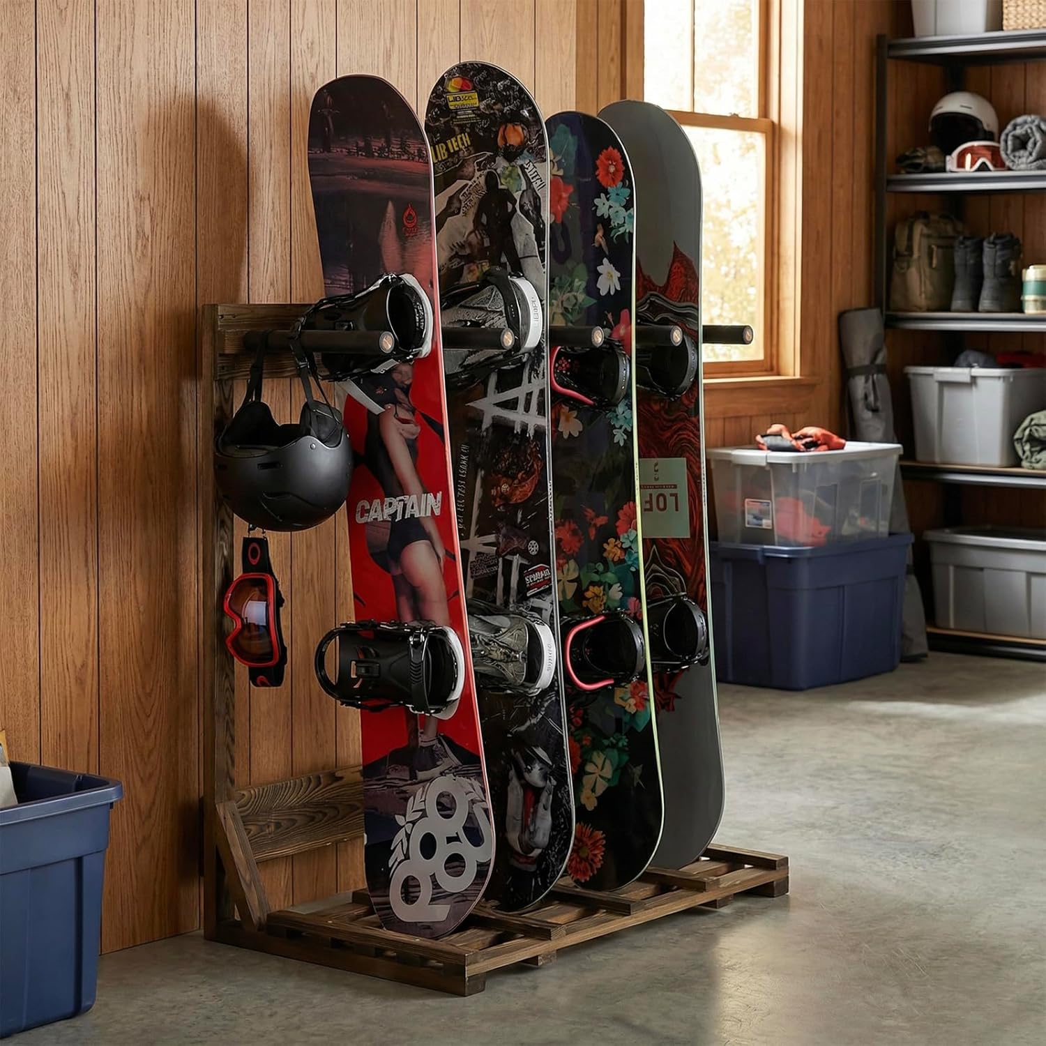 MyGift 4-Ft Tall Rustic Burnt Wood Freestanding Vertical Surfboard Rack, Wakeboard SUP Paddleboard Storage Rack - Holds up to 4 Boards - Image 4