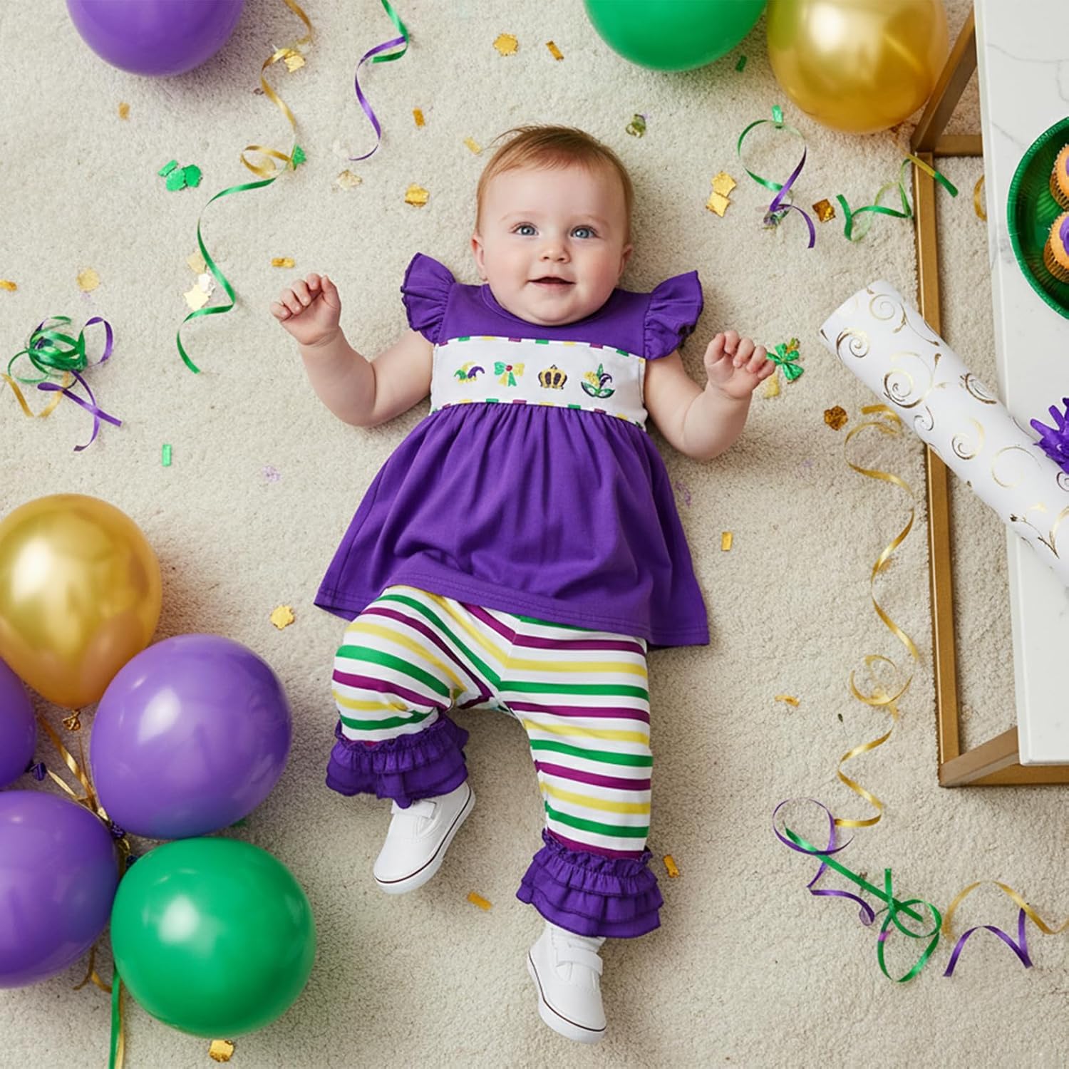 Toddler Girl Mardi Gras Outfit Embroidery Ruffle Flutter Sleeve Tunic Dress Top Stripes Ruffle Pants 2 Piece Clothes - Image 2