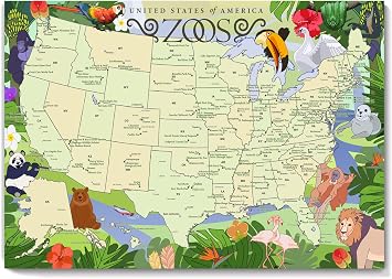Top Zoos in the USA Travel Map Art - Animal and Wildlife Print - Modern Kids Room Decor 36x24 inches