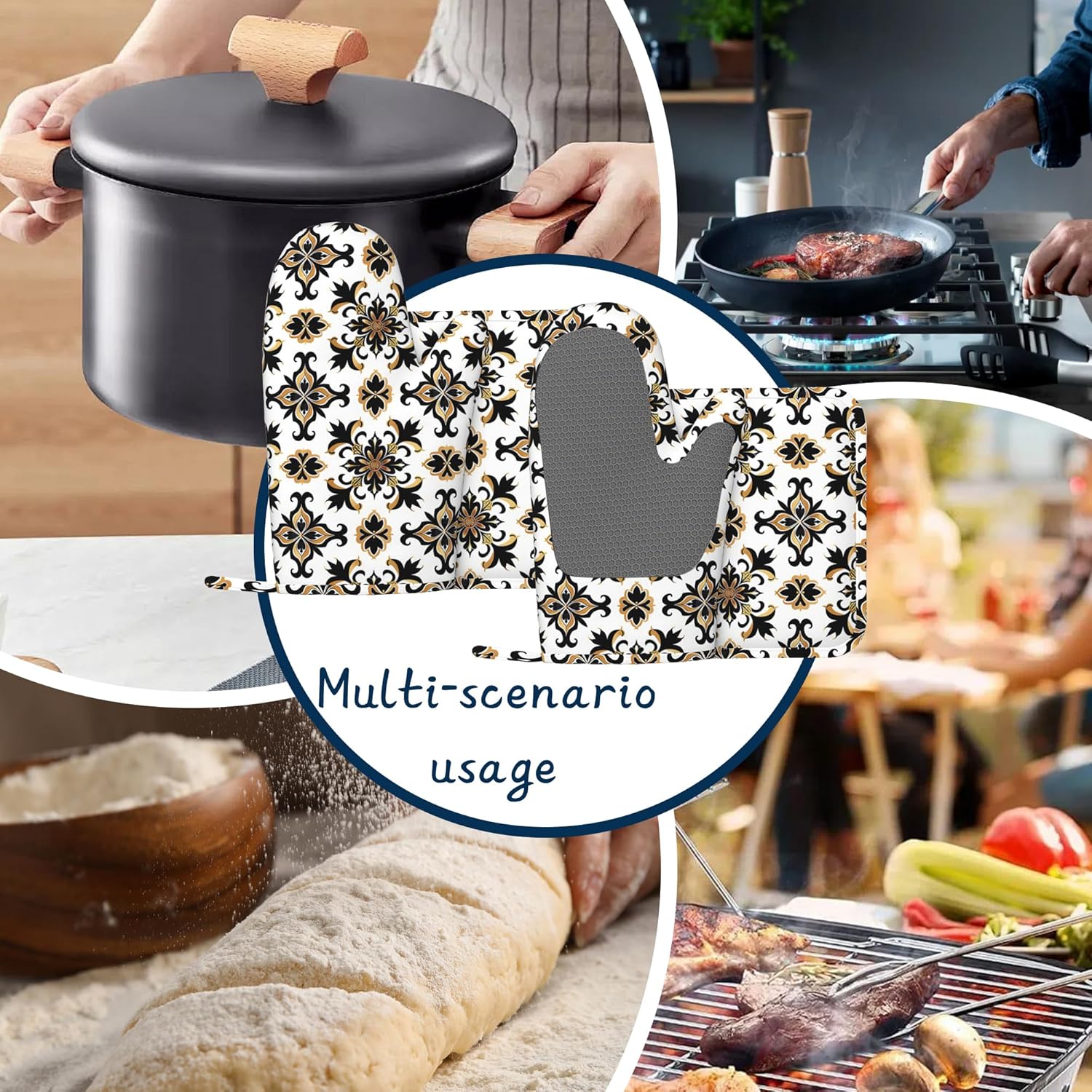 Heat Resistant Pot Holders and Oven Mitts,Retro Pattern Extra Long Kitchen Oven Mitt Set,Vintage Cotton Lining Anti-Slip Waterproof Kitchen Mittens Hot Pan Holder for Baking Cooking Grilling