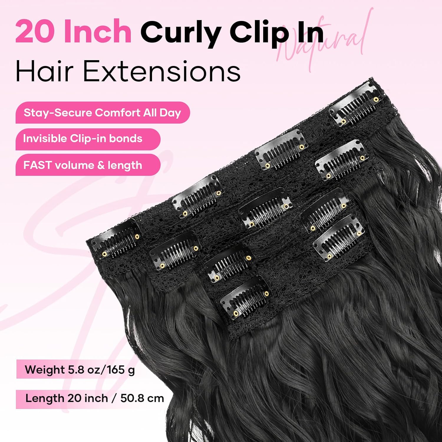Curly Clip In Hair Extensions, 4PCS 20 Inch Natural Black Extensions Clip Ins Lace Weft Curly Invisible Natural Hairpieces for Women - Image 3