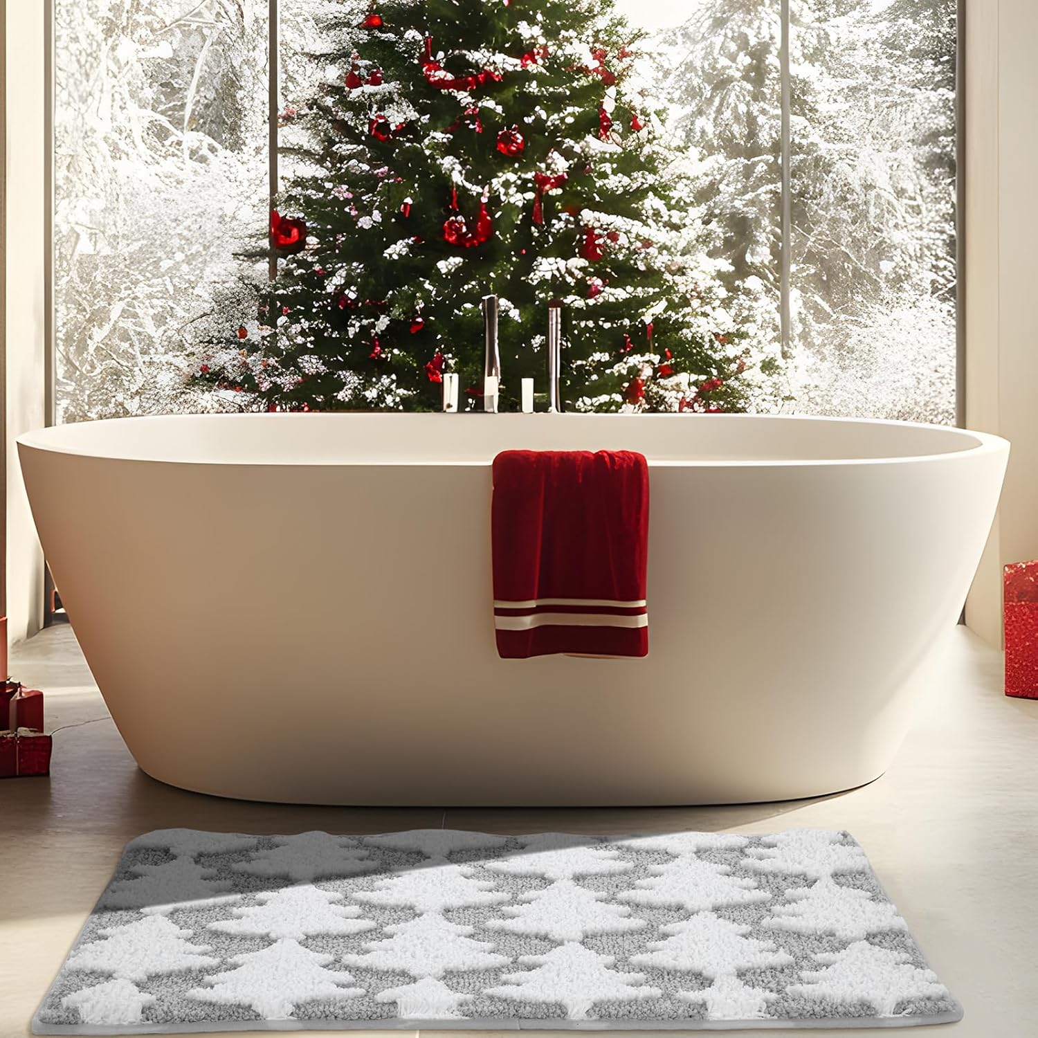 Moutina 3D Christmas Tree Bathroom Rugs 20x32 Inch, Soft and Absorbent Tufted Winter Grey Bath Mat Non Slip Washable, Christmas Bathroom Decor Rug Holiday Decorations