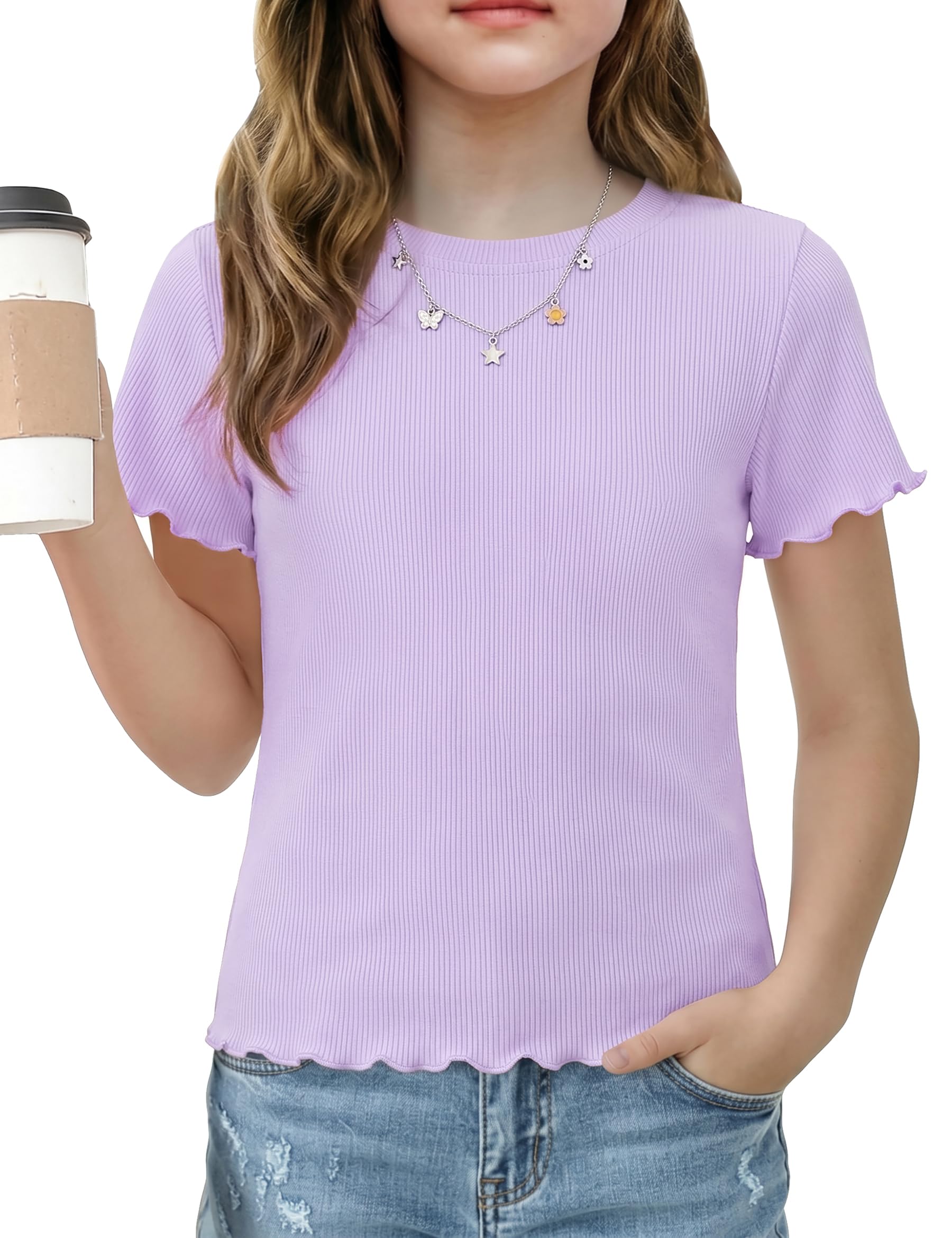 Demegimi T-Shirt Mädchen Kurzarm Sommer Gerippt Oberteil Rundhals Shirt mit Rüschen Weiches Basic Top Freizeitshirt 5-14 Jahre