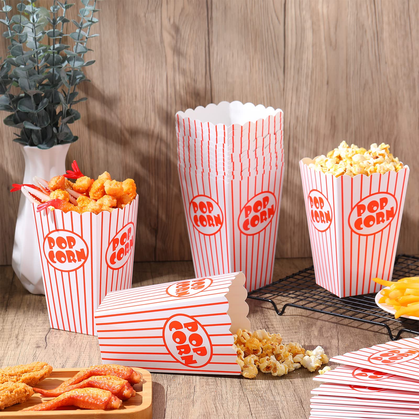 Paquete de 200 cajas de palomitas de maíz de noche de película, cubo de palomitas de maíz a rayas rojas y blancas, bolsas de palomitas de maíz retro vintage para fiestas, soportes de palomitas de maíz