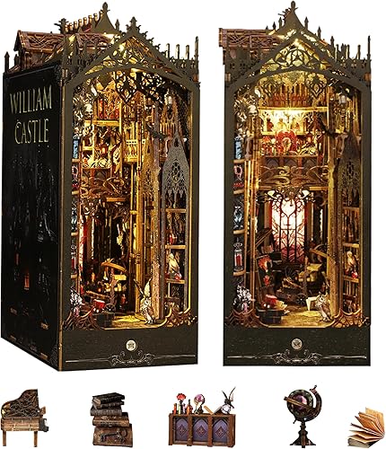 Miniatura 10 de Kisoy Kit de bricolaje en miniatura para rincón de libros, soporte manual de libros para decoración de estantería, rompecabezas de madera 3D, kit en