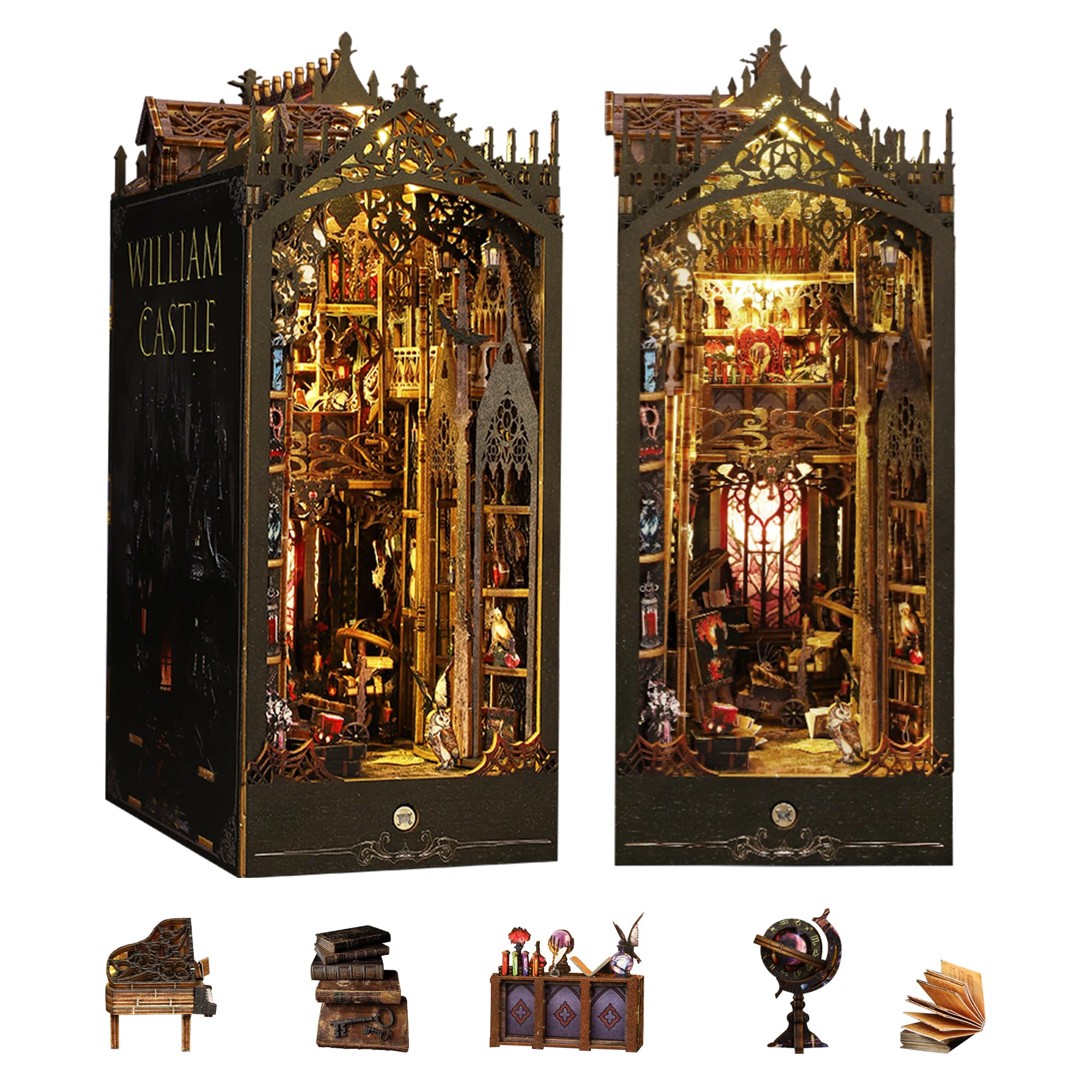 DIY Dollhouse Booknook, Book Nook Miniature Kit for Bookshelf Insert Decor Crafts for Adults and Teens, 3D Wooden Puzzle Bookends with Sensor Led Light (William Castle)