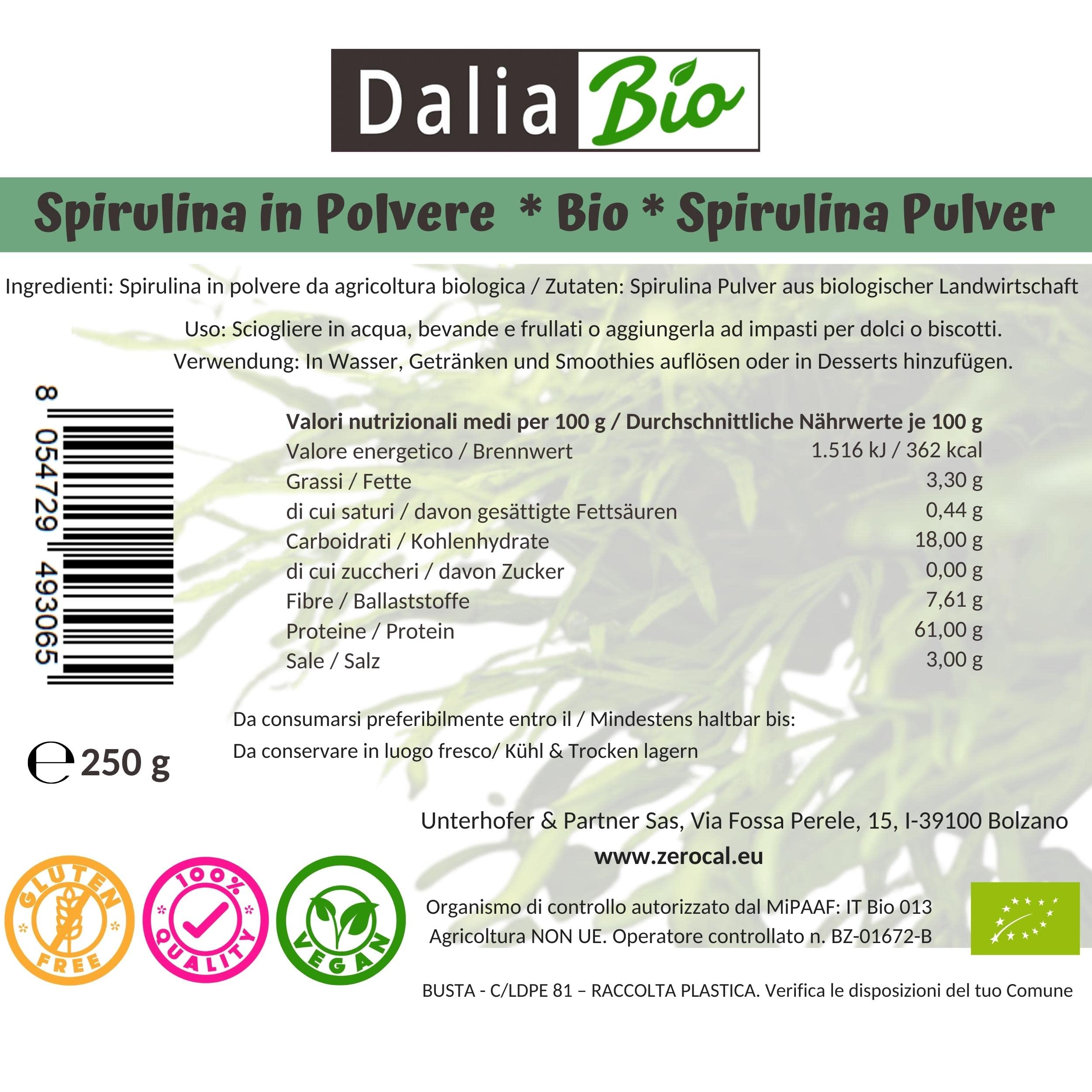 Dalia - Spirulina Biologica In Polvere 250 Gr | Ricca di Proteine, Calcio e Vitamine, Ricca di Nutrienti
