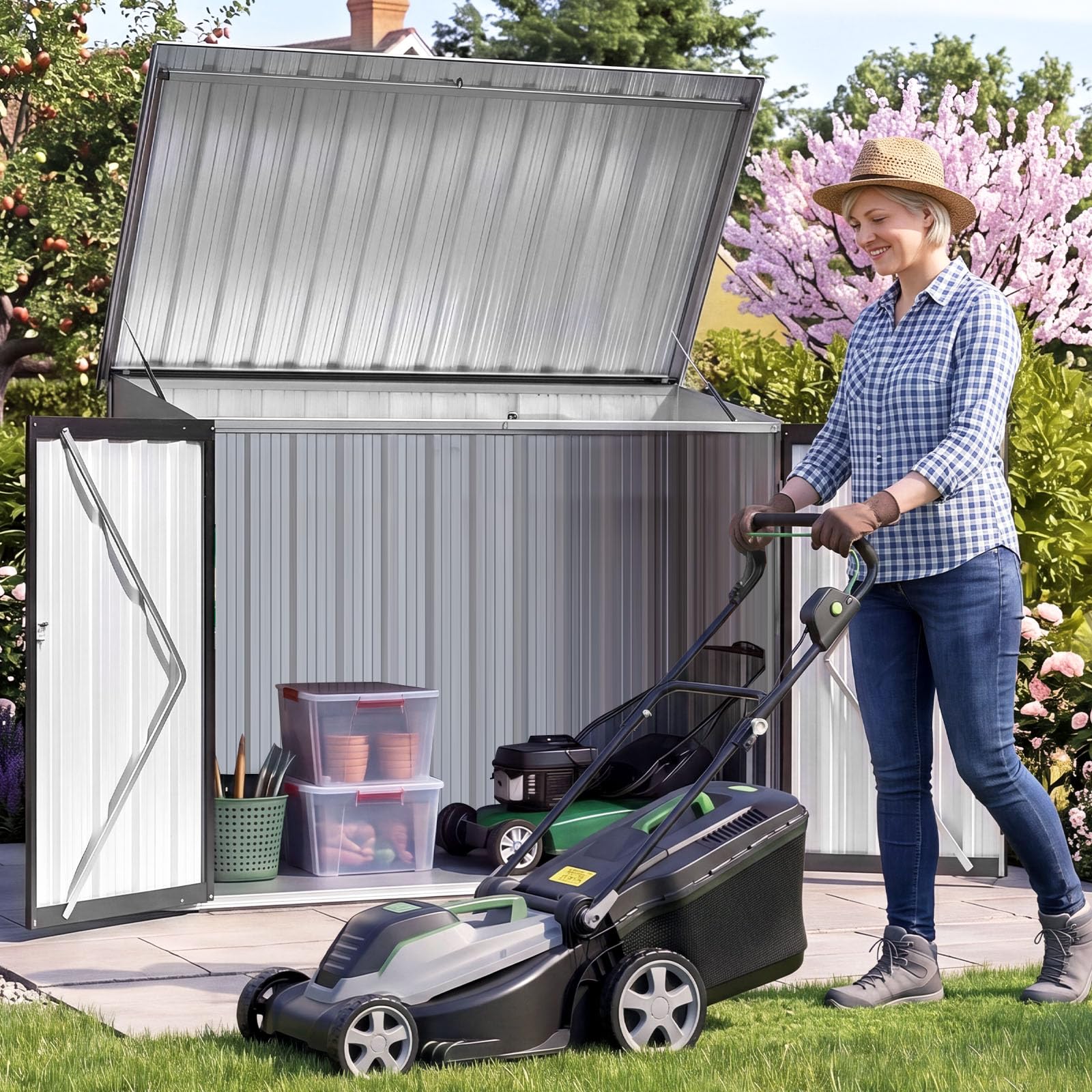 Aoxun 4x2ft (Overall Dimensions) Metal Garden Shed, Galvanized Outdoor Storage Shed with Openable Front & Top Doors, Sheds and Outdoor Storage for Backyard Garage Lawn, Black