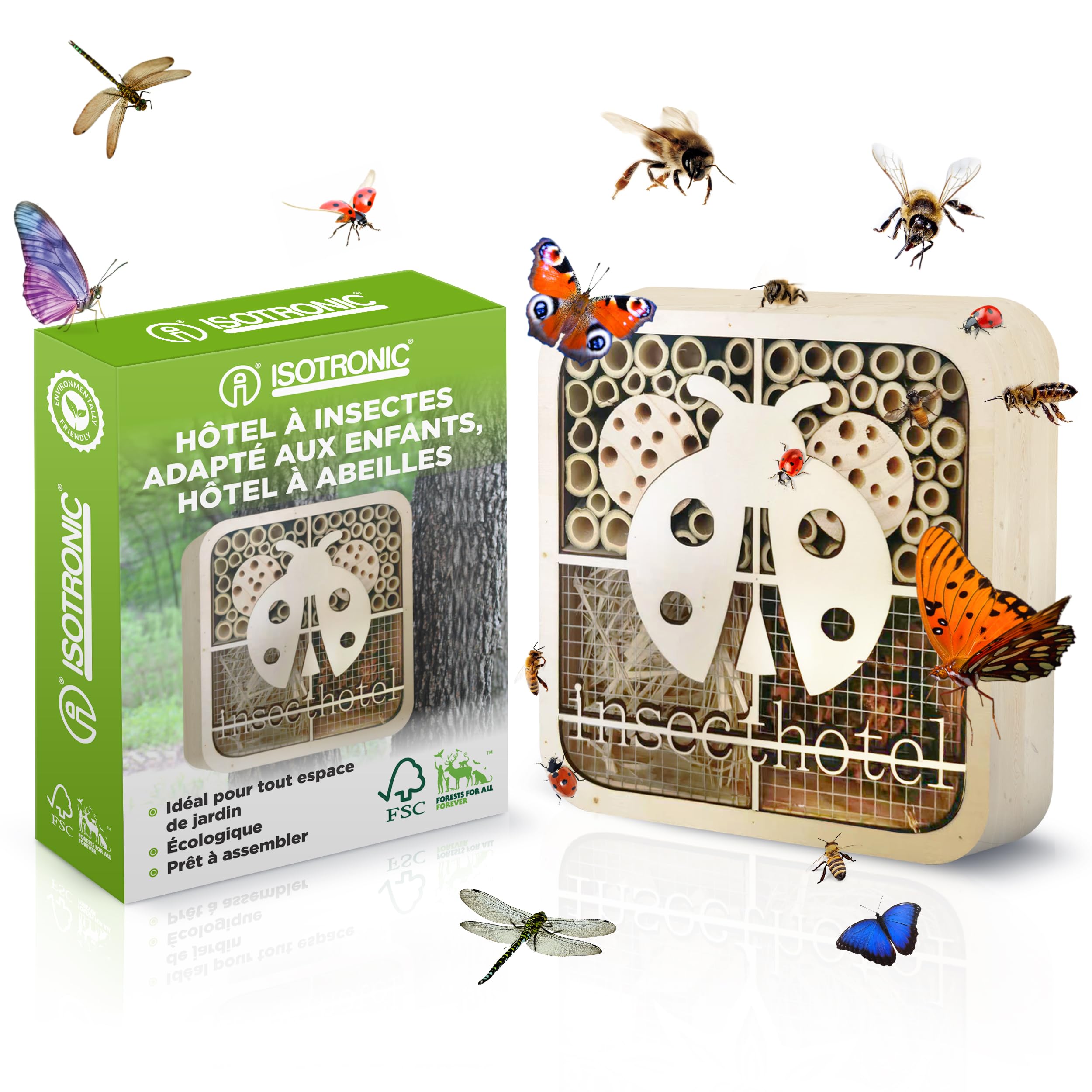 ISOTRONIC Hotel para Insectos de Madera Natural – Casa para Abejas, Mariquitas y Otros Insectos – Hotel de bambú para Abejas, Ideal para jardín y balcón – Diseño Moderno de Panal (Mariquita)