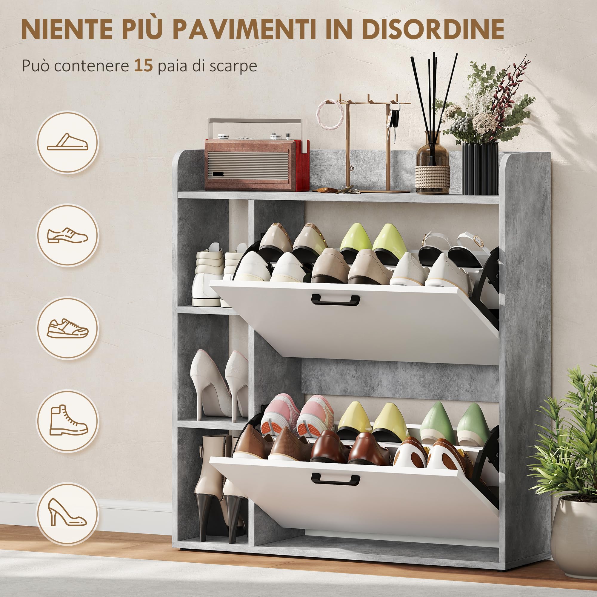 HOMCOM Scarpiera Salvaspazio Slim con 2 Ante a Ribalta, Scarpiera Ingresso con 3 Vani Aperti, Ripiani Regolabili, Piano Superiore, Porta Scarpe per 15 Paia in Legno con Maniglia, Grigio