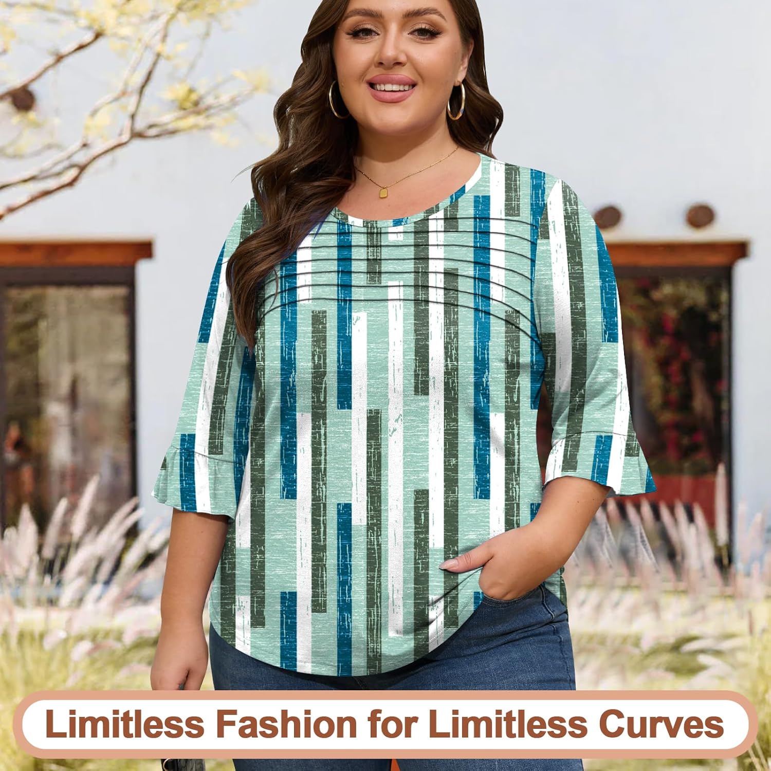 Blingfit Womens Tops 3/4 Length Sleeve Dressy Casual Shirts Bell Sleeve Front Pleated Fasion Trendy Summer Blouses 2026 - Image 5