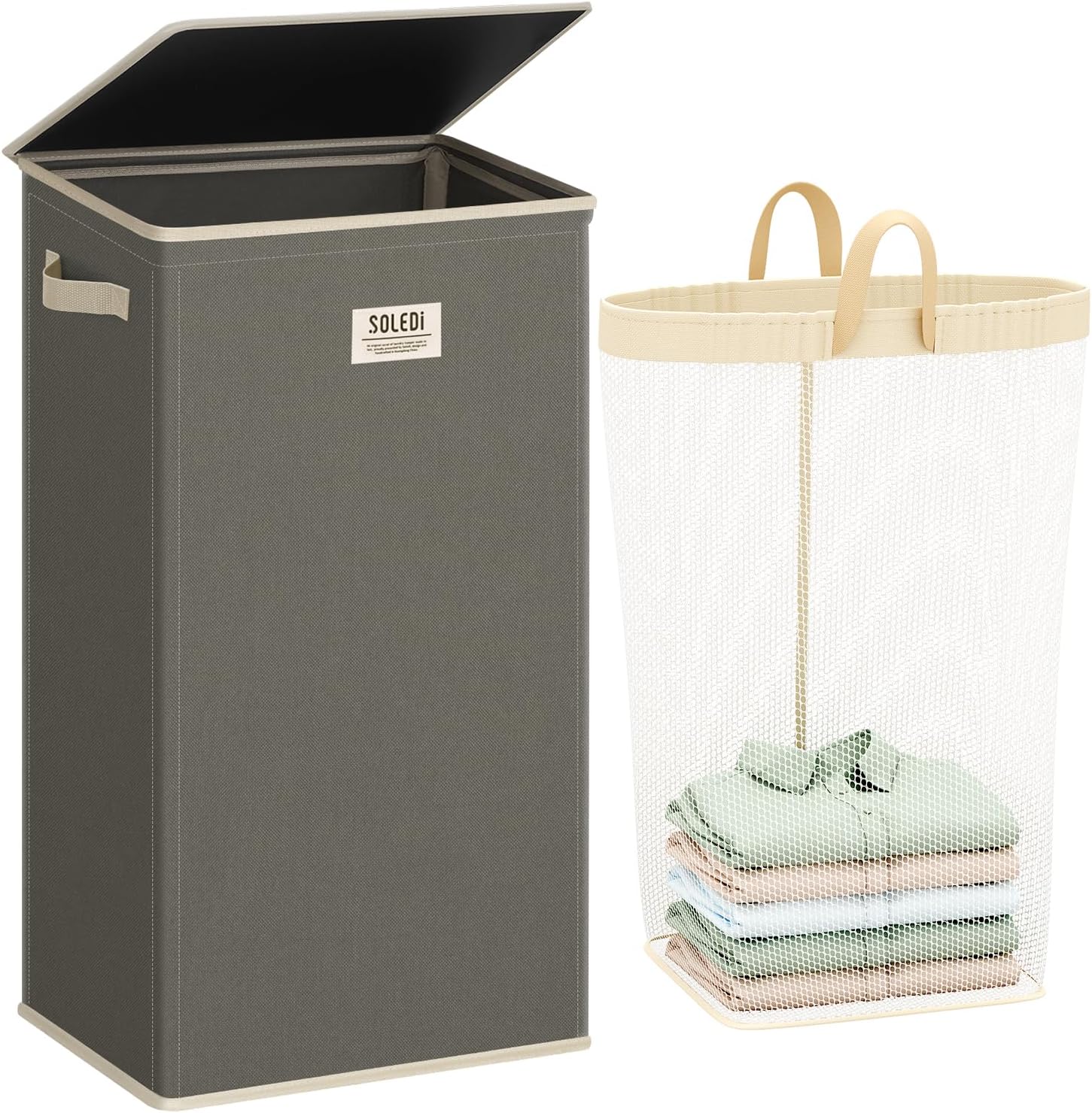 SOLEDI Laundry Basket with Lid 100L Washing Basket for Laundry, Collapsible Laundry Baskets, Sturdy Clothes Hamper with Removable Laundry Bag, Beautiful and stylish Large Laundry Bin (Cement Grey)