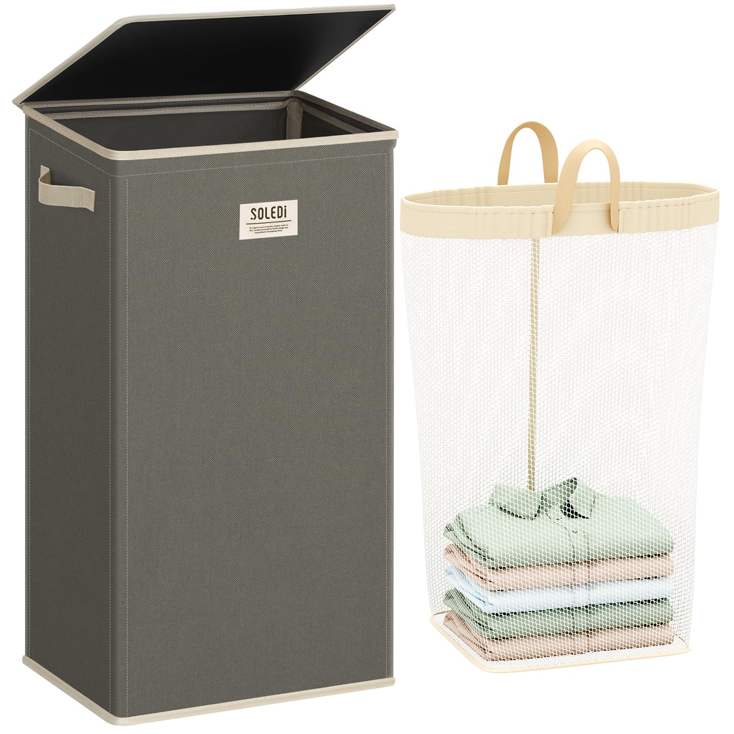 SOLEDI Laundry Basket with Lid 100L Washing Basket for Laundry, Collapsible Laundry Baskets, Sturdy Clothes Hamper with Removable Laundry Bag, Beautiful and stylish Large Laundry Bin (Cement Grey)