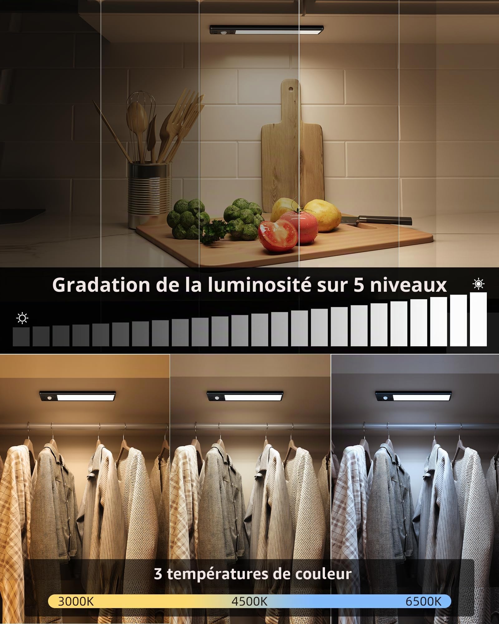 EZVALO Lampe sous-meuble 20 cm, 62 LED Rechargeable USB-C avec Détecteur de Mouvement, Lampe de Placard 1600 mAh 3 Températures de Couleur, Éclairage Intérieur Sans Fil, Noir (Lot de 2)