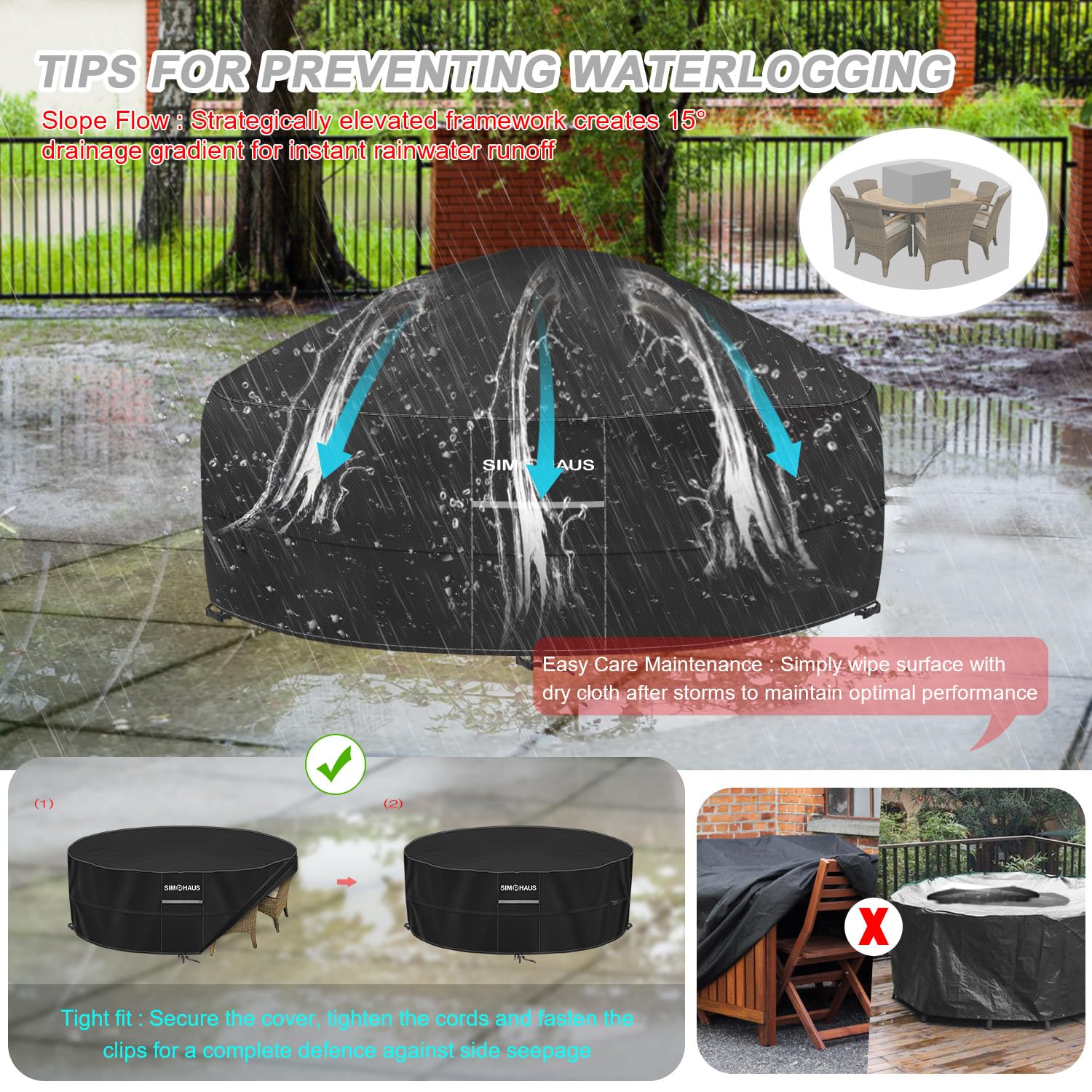 Copritavolo Rotondo da Esterno Copertura SPA Gonfiabile Telo rotondo Copri Mobili da Giardino Copritavolo Impermeabile Tessuto Oxford 420D Antivento Antipolvere Anti-UV Ø200x80cm