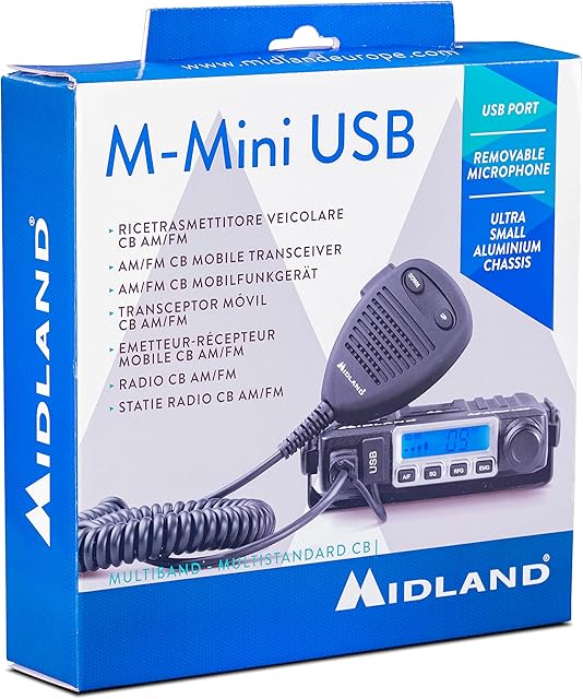Midland M-MINI USB CB Radio - Multistandard Mini CB Radio with USB Socket - 40 AM/FM Channels, Multiband, Double Squelch Mode, Removable Microphone - Easy Installation